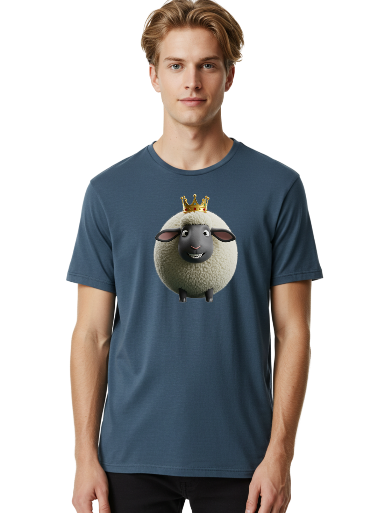 Shaun-The-Sheep-King Men'S Graphic Tee, 100% Cotton, Comfortable Casual Summer Wear, Machine Washable, Cartoon Sheep, Fluffy Sheep, Sheep Wearing Crown, Shaun The Sheep, Comedy Character, Funny Animal, Cute Sheep, Stop Motion Character, Bad540 23