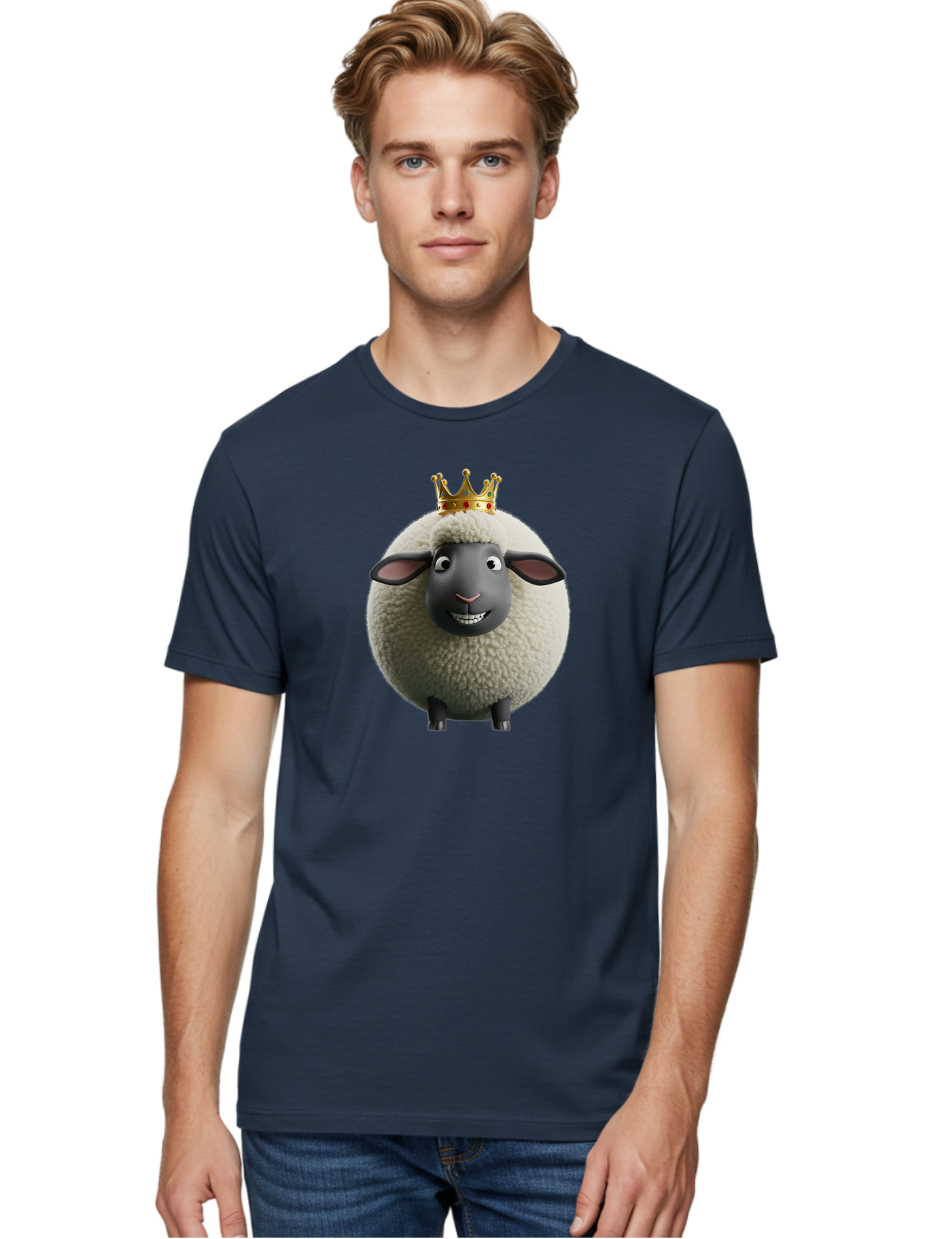 Shaun-The-Sheep-King Men'S Graphic Tee, 100% Cotton, Comfortable Casual Summer Wear, Machine Washable, Cartoon Sheep, Fluffy Sheep, Sheep Wearing Crown, Shaun The Sheep, Comedy Character, Funny Animal, Cute Sheep, Stop Motion Character, Bad540 18