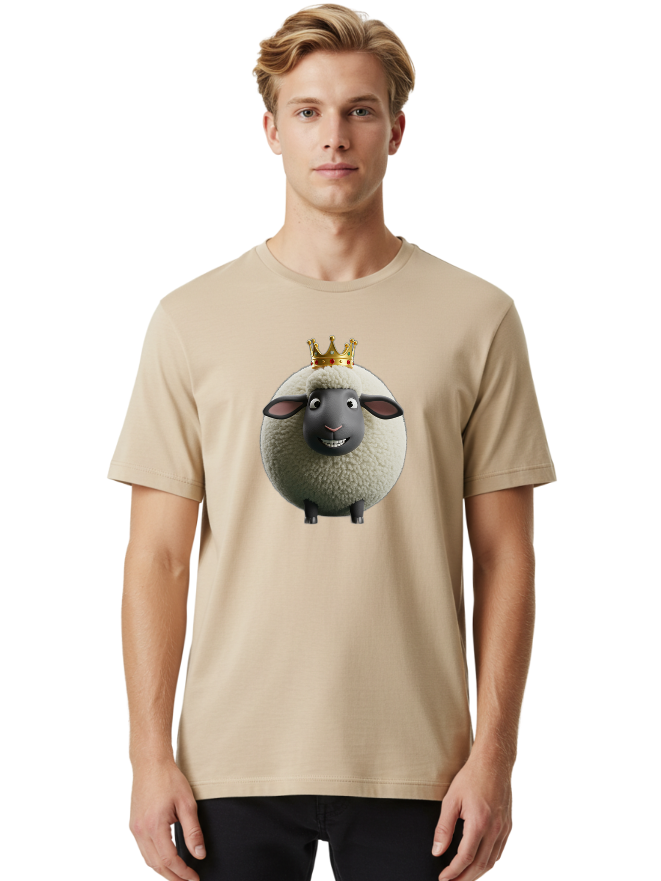Shaun-The-Sheep-King Men'S Graphic Tee, 100% Cotton, Comfortable Casual Summer Wear, Machine Washable, Cartoon Sheep, Fluffy Sheep, Sheep Wearing Crown, Shaun The Sheep, Comedy Character, Funny Animal, Cute Sheep, Stop Motion Character, Bad540 17