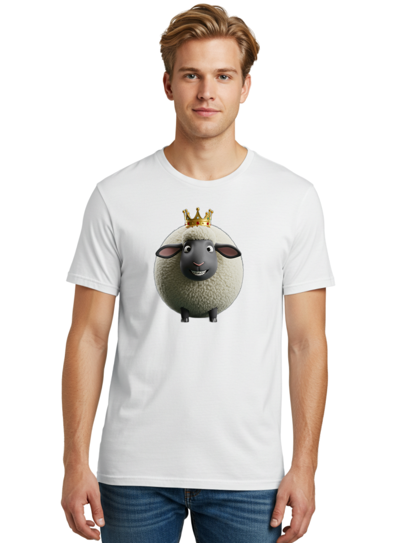 Shaun-The-Sheep-King Men'S Graphic Tee, 100% Cotton, Comfortable Casual Summer Wear, Machine Washable, Cartoon Sheep, Fluffy Sheep, Sheep Wearing Crown, Shaun The Sheep, Comedy Character, Funny Animal, Cute Sheep, Stop Motion Character, Bad540 28
