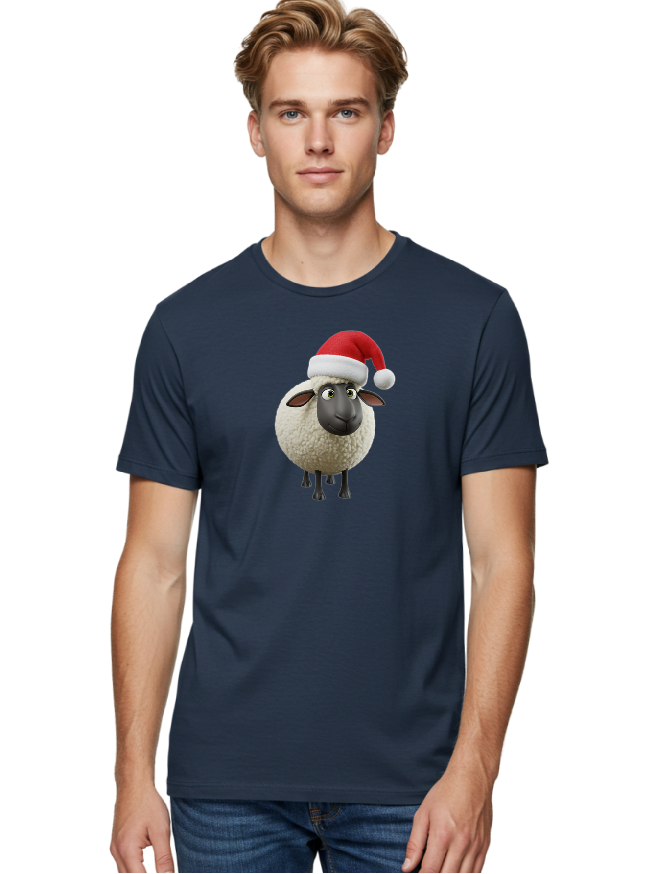 Shaun-The-Sheep-Santa-Hat Men'S Graphic Tee, 100% Cotton, Comfortable Casual Summer Wear, Machine Washable, Shaun The Sheep, Christmas Sheep, Santa Hat Sheep, Festive Cartoon Character, Holiday Fun, Animated Sheep, Merry Christmas, Bad541 26