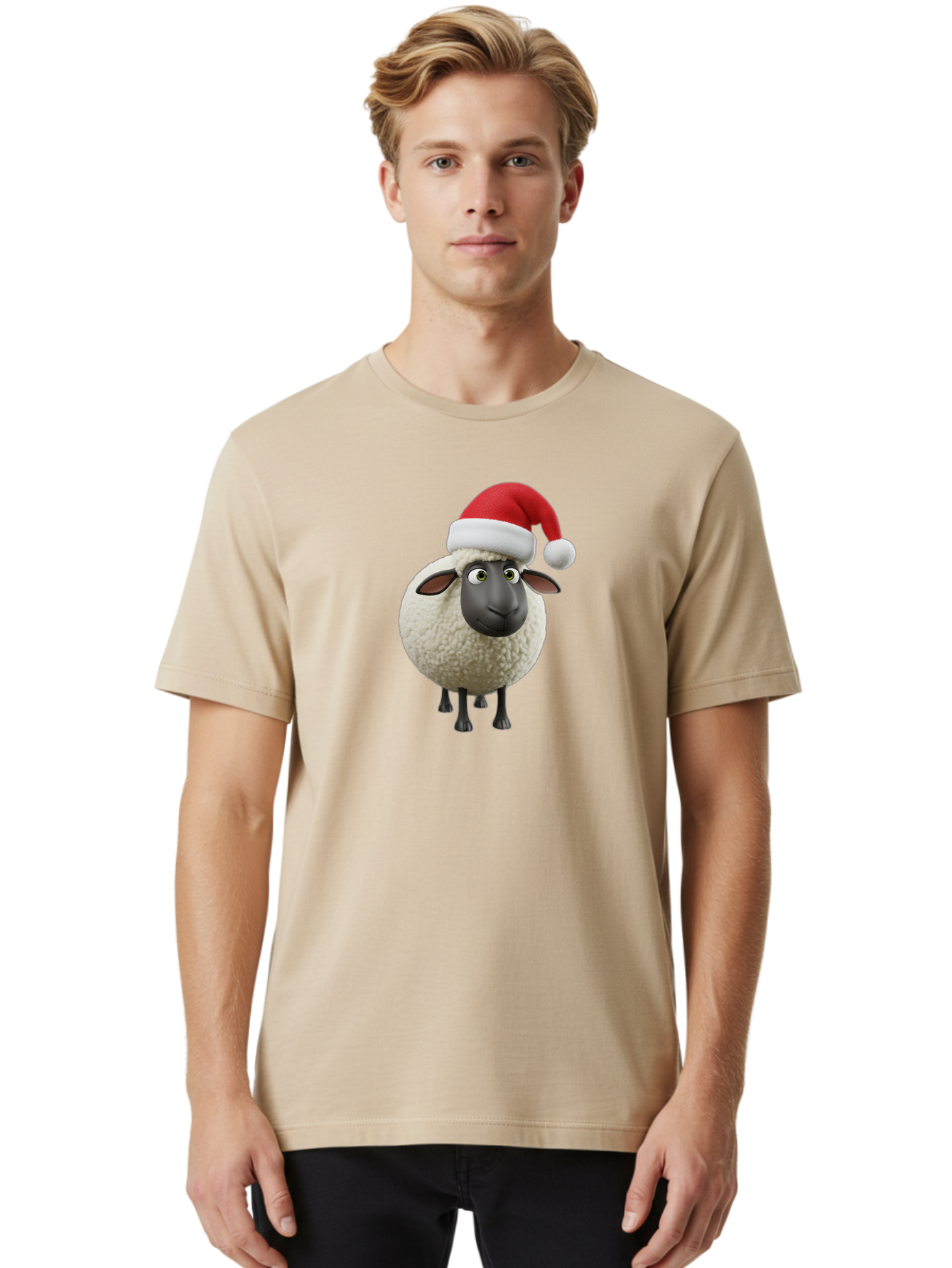 Shaun-The-Sheep-Santa-Hat Men'S Graphic Tee, 100% Cotton, Comfortable Casual Summer Wear, Machine Washable, Shaun The Sheep, Christmas Sheep, Santa Hat Sheep, Festive Cartoon Character, Holiday Fun, Animated Sheep, Merry Christmas, Bad541 16