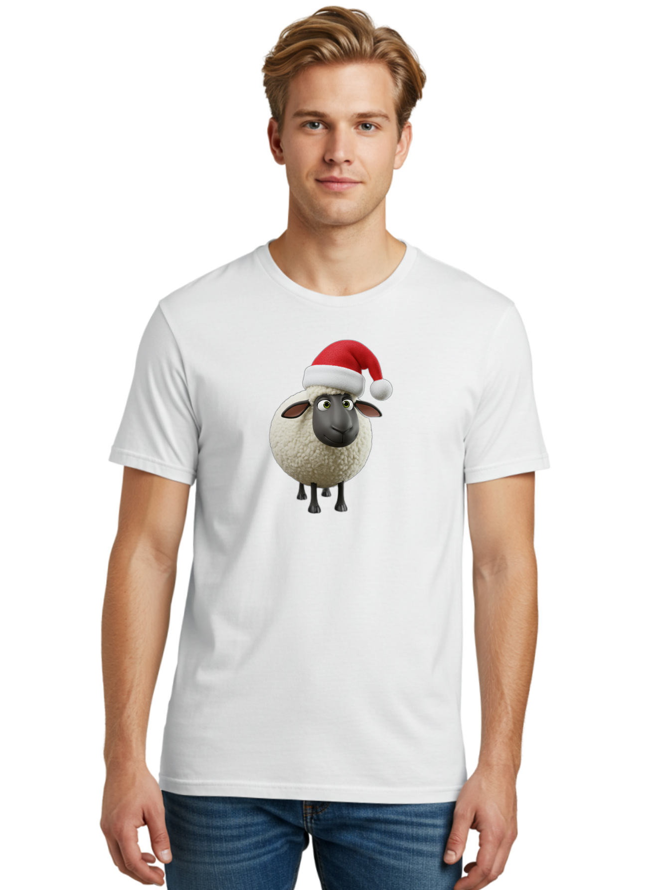 Shaun-The-Sheep-Santa-Hat Men'S Graphic Tee, 100% Cotton, Comfortable Casual Summer Wear, Machine Washable, Shaun The Sheep, Christmas Sheep, Santa Hat Sheep, Festive Cartoon Character, Holiday Fun, Animated Sheep, Merry Christmas, Bad541 30