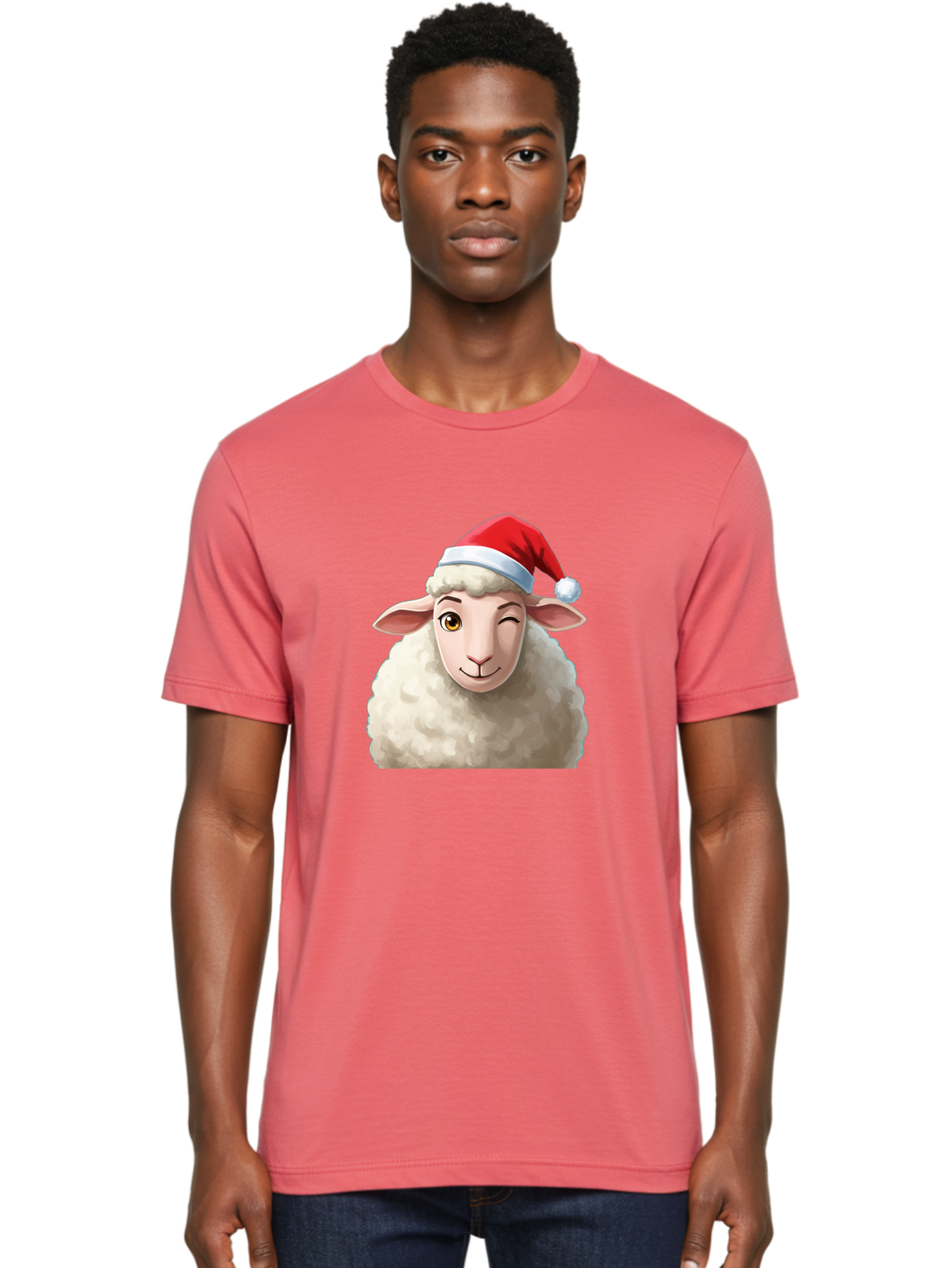 Sheep-In-Santa-Hat-1 Men'S Graphic Tee, 100% Cotton, Comfortable Casual Summer Wear, Machine Washable, Cartoon Sheep, Santa Hat, Christmas Character, Festive Animal, Holiday Cheer, Fluffy Sheep, Merry Christmas, Winter Wonderland, Funny Sheep Bad549 27
