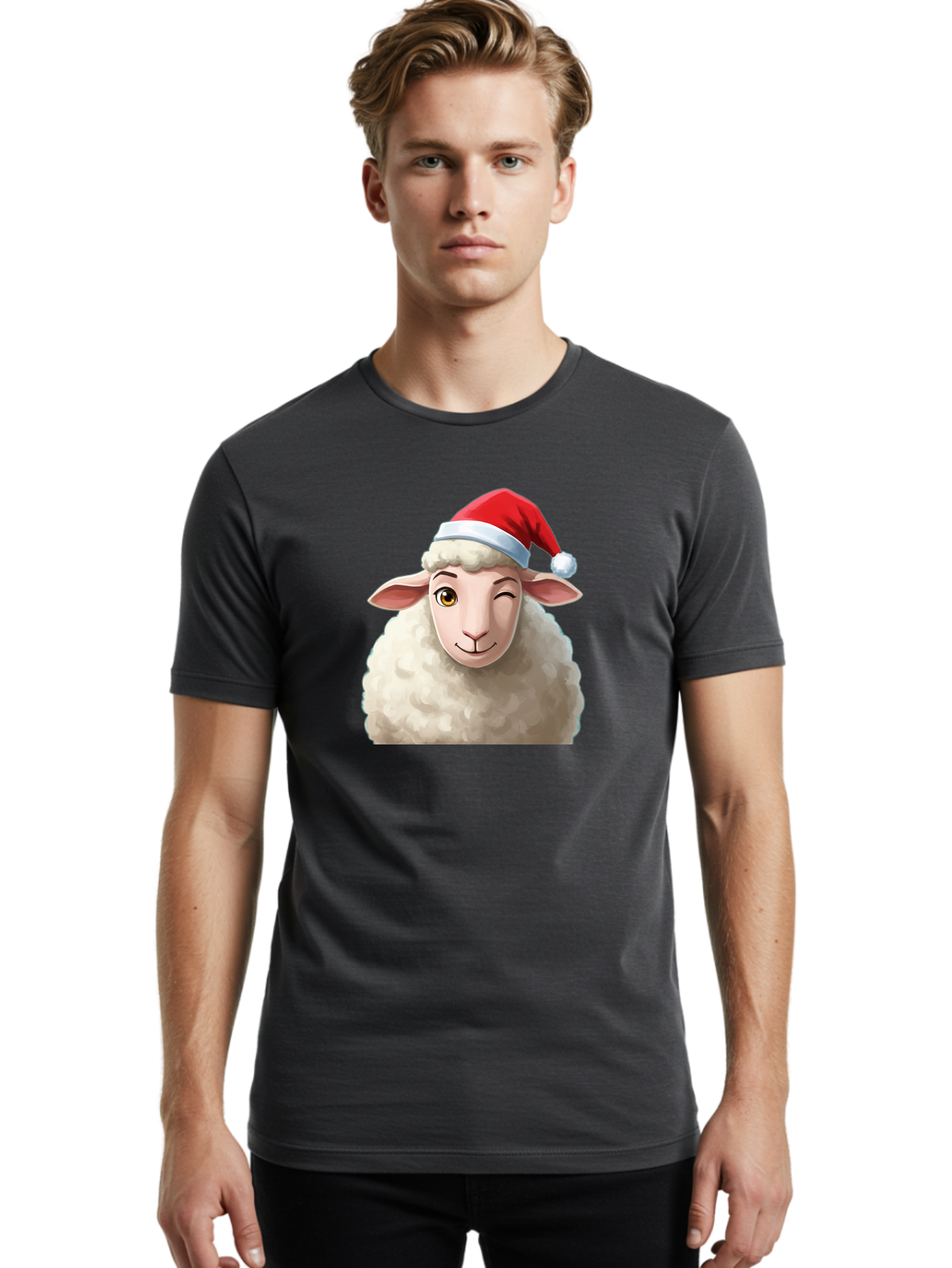 Sheep-In-Santa-Hat-1 Men'S Graphic Tee, 100% Cotton, Comfortable Casual Summer Wear, Machine Washable, Cartoon Sheep, Santa Hat, Christmas Character, Festive Animal, Holiday Cheer, Fluffy Sheep, Merry Christmas, Winter Wonderland, Funny Sheep Bad549 29