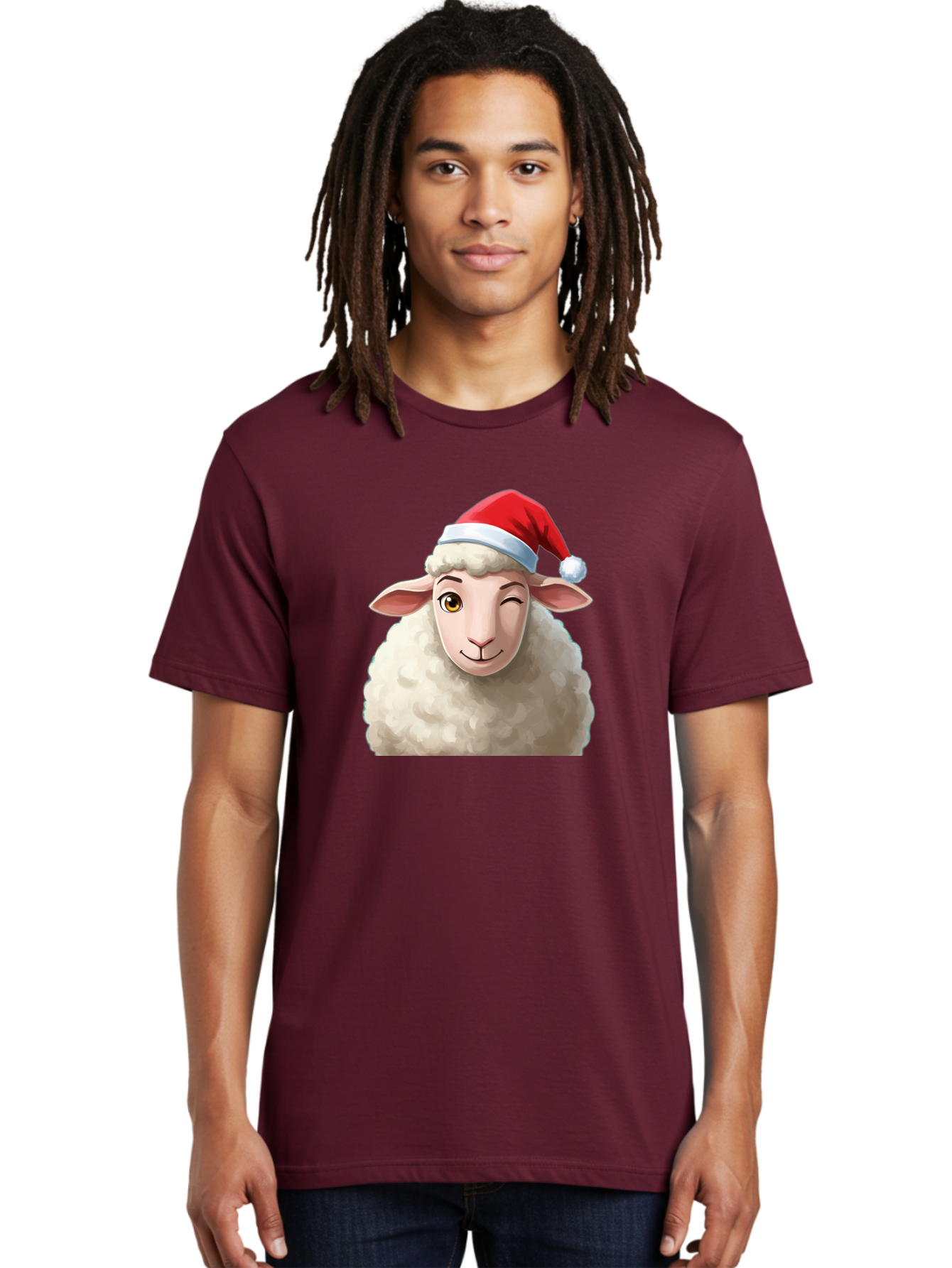 Sheep-In-Santa-Hat-1 Men'S Graphic Tee, 100% Cotton, Comfortable Casual Summer Wear, Machine Washable, Cartoon Sheep, Santa Hat, Christmas Character, Festive Animal, Holiday Cheer, Fluffy Sheep, Merry Christmas, Winter Wonderland, Funny Sheep Bad549 24