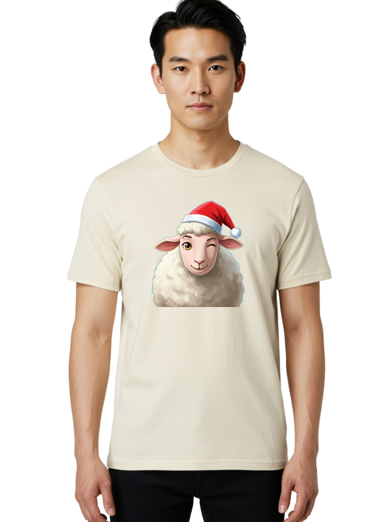 Sheep-In-Santa-Hat-1 Men'S Graphic Tee, 100% Cotton, Comfortable Casual Summer Wear, Machine Washable, Cartoon Sheep, Santa Hat, Christmas Character, Festive Animal, Holiday Cheer, Fluffy Sheep, Merry Christmas, Winter Wonderland, Funny Sheep Bad549 16
