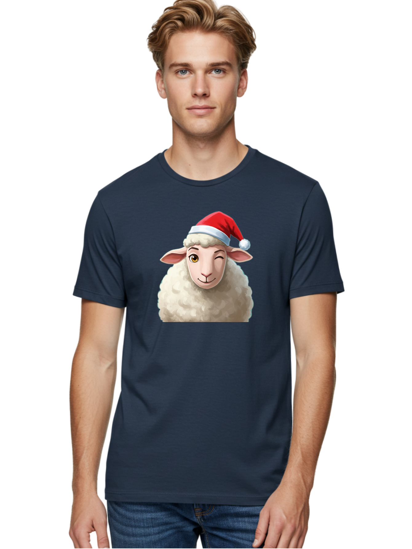 Sheep-In-Santa-Hat-1 Men'S Graphic Tee, 100% Cotton, Comfortable Casual Summer Wear, Machine Washable, Cartoon Sheep, Santa Hat, Christmas Character, Festive Animal, Holiday Cheer, Fluffy Sheep, Merry Christmas, Winter Wonderland, Funny Sheep Bad549 26