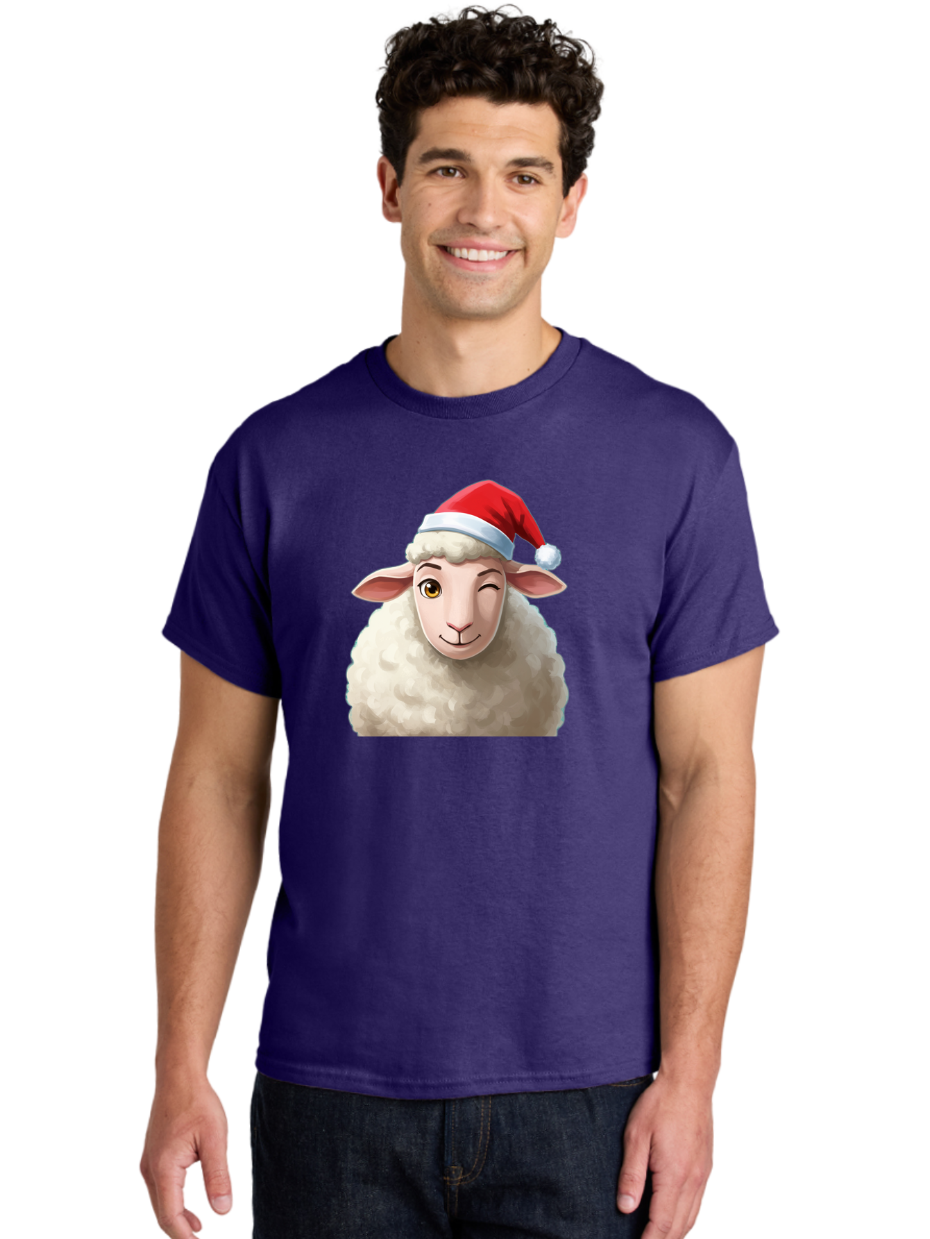 Sheep-In-Santa-Hat-1 Men'S Graphic Tee, 100% Cotton, Comfortable Casual Summer Wear, Machine Washable, Cartoon Sheep, Santa Hat, Christmas Character, Festive Animal, Holiday Cheer, Fluffy Sheep, Merry Christmas, Winter Wonderland, Funny Sheep Bad549 19