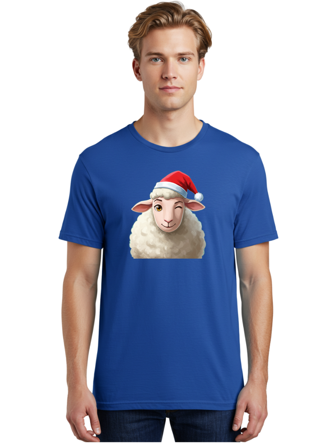 Sheep-In-Santa-Hat-1 Men'S Graphic Tee, 100% Cotton, Comfortable Casual Summer Wear, Machine Washable, Cartoon Sheep, Santa Hat, Christmas Character, Festive Animal, Holiday Cheer, Fluffy Sheep, Merry Christmas, Winter Wonderland, Funny Sheep Bad549 25