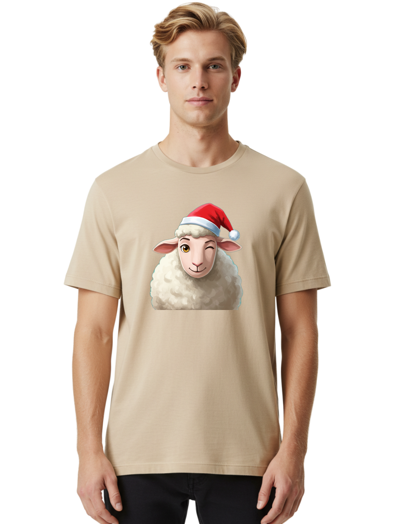 Sheep-In-Santa-Hat-1 Men'S Graphic Tee, 100% Cotton, Comfortable Casual Summer Wear, Machine Washable, Cartoon Sheep, Santa Hat, Christmas Character, Festive Animal, Holiday Cheer, Fluffy Sheep, Merry Christmas, Winter Wonderland, Funny Sheep Bad549 28