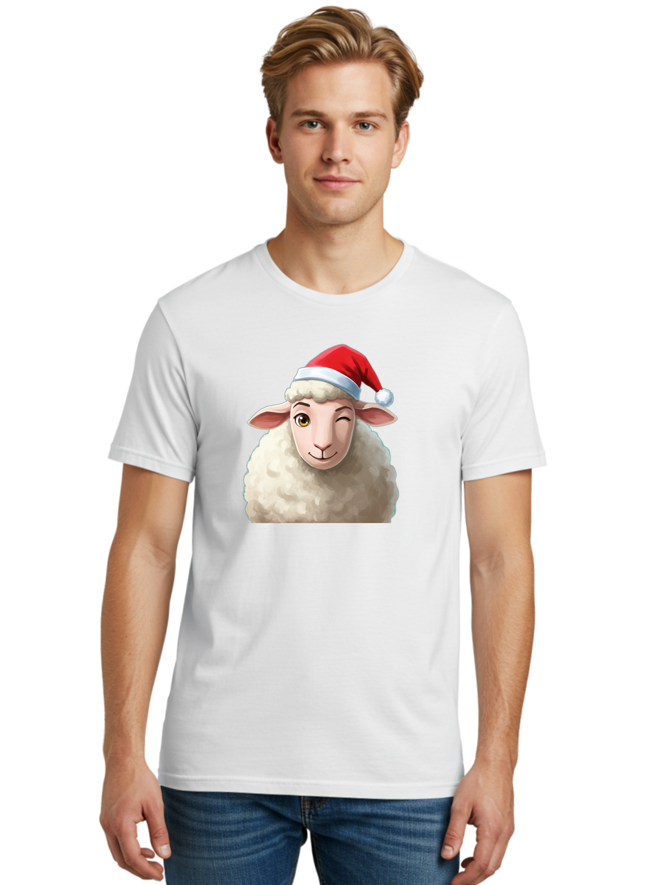 Sheep-In-Santa-Hat-1 Men'S Graphic Tee, 100% Cotton, Comfortable Casual Summer Wear, Machine Washable, Cartoon Sheep, Santa Hat, Christmas Character, Festive Animal, Holiday Cheer, Fluffy Sheep, Merry Christmas, Winter Wonderland, Funny Sheep Bad549 20