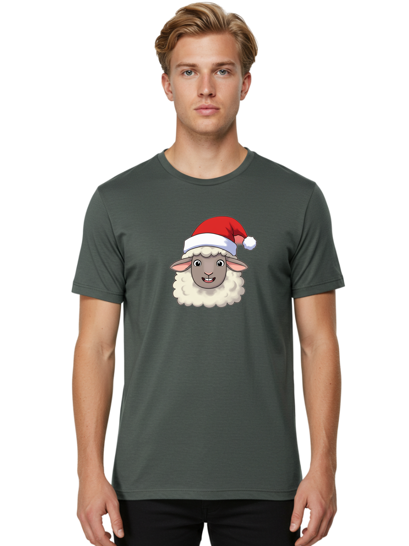 Sheep-In-Santa-Hat Men'S Graphic Tee, 100% Cotton, Comfortable Casual Summer Wear, Machine Washable, Cartoon Sheep, Santa Hat, Festive Character, Holiday Cheer, Cute Animal, Fluffy Sheep, Christmas Theme, Fun Design, Playful Illustration, Bad550 23