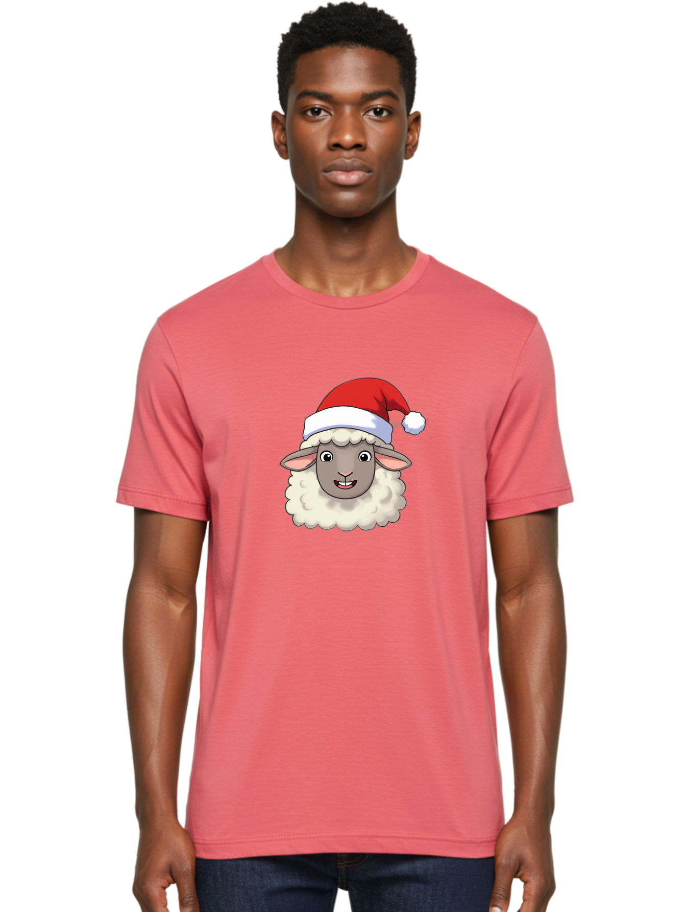 Sheep-In-Santa-Hat Men'S Graphic Tee, 100% Cotton, Comfortable Casual Summer Wear, Machine Washable, Cartoon Sheep, Santa Hat, Festive Character, Holiday Cheer, Cute Animal, Fluffy Sheep, Christmas Theme, Fun Design, Playful Illustration, Bad550 26