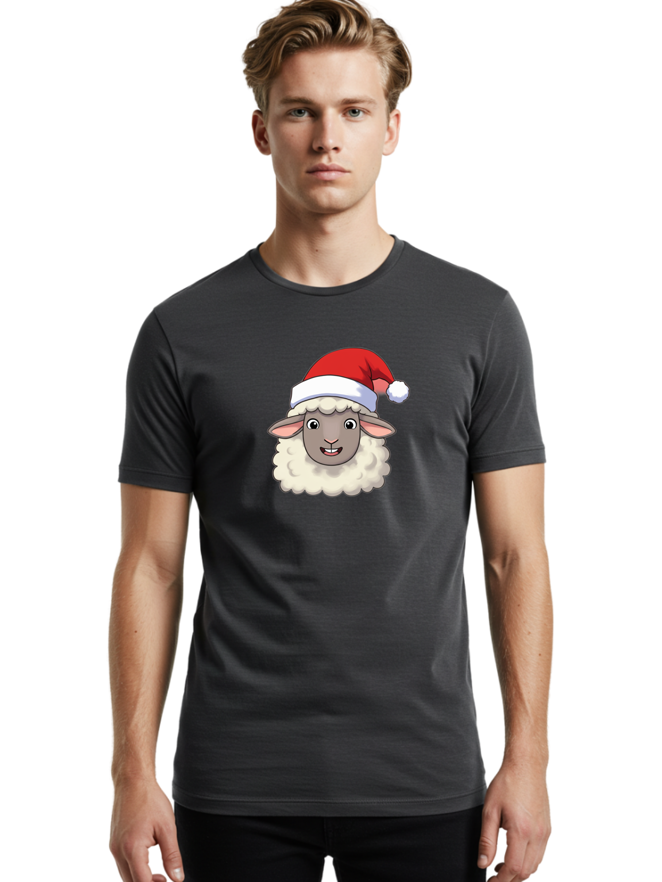 Sheep-In-Santa-Hat Men'S Graphic Tee, 100% Cotton, Comfortable Casual Summer Wear, Machine Washable, Cartoon Sheep, Santa Hat, Festive Character, Holiday Cheer, Cute Animal, Fluffy Sheep, Christmas Theme, Fun Design, Playful Illustration, Bad550 28