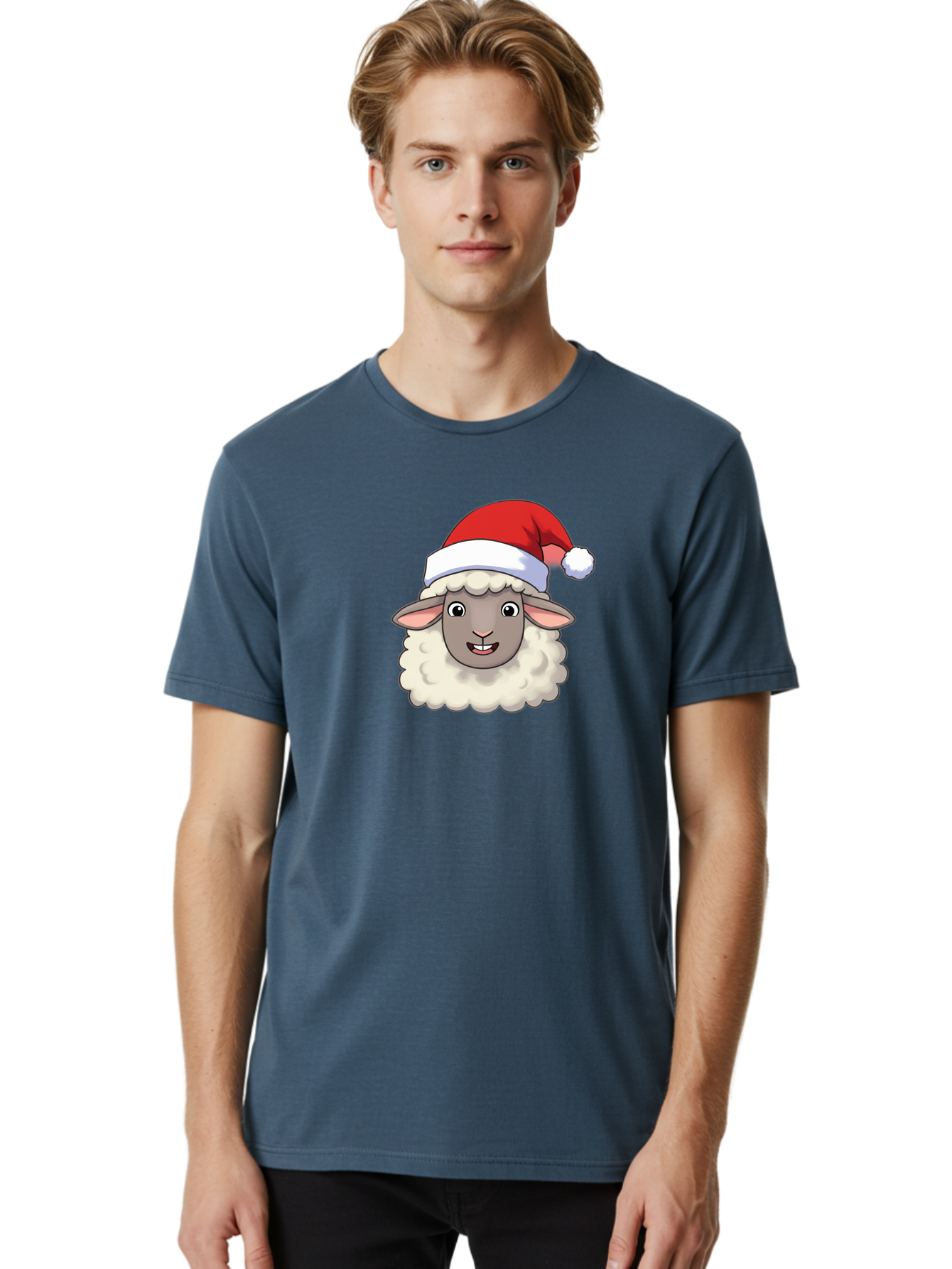 Sheep-In-Santa-Hat Men'S Graphic Tee, 100% Cotton, Comfortable Casual Summer Wear, Machine Washable, Cartoon Sheep, Santa Hat, Festive Character, Holiday Cheer, Cute Animal, Fluffy Sheep, Christmas Theme, Fun Design, Playful Illustration, Bad550 16