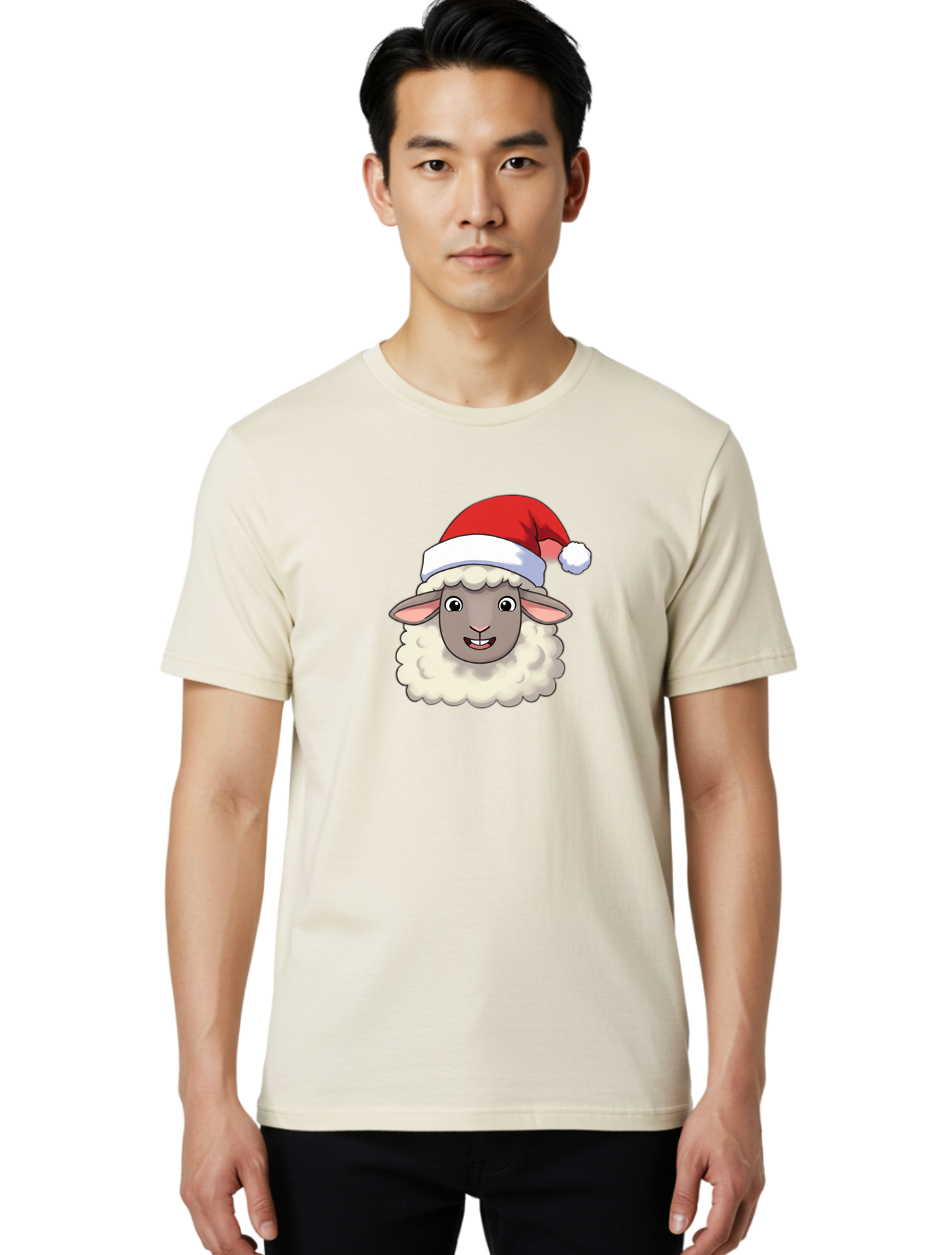 Sheep-In-Santa-Hat Men'S Graphic Tee, 100% Cotton, Comfortable Casual Summer Wear, Machine Washable, Cartoon Sheep, Santa Hat, Festive Character, Holiday Cheer, Cute Animal, Fluffy Sheep, Christmas Theme, Fun Design, Playful Illustration, Bad550 21