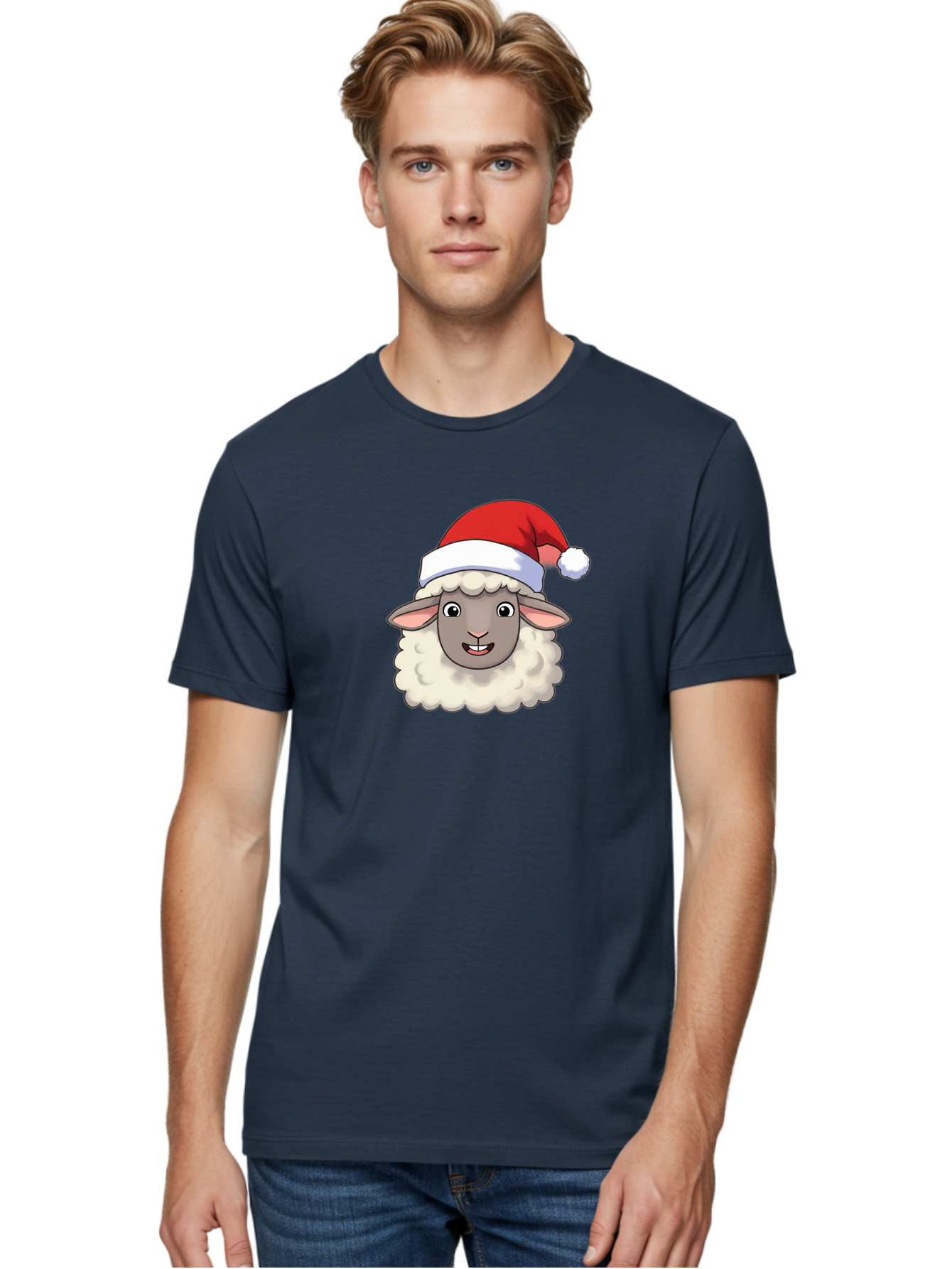 Sheep-In-Santa-Hat Men'S Graphic Tee, 100% Cotton, Comfortable Casual Summer Wear, Machine Washable, Cartoon Sheep, Santa Hat, Festive Character, Holiday Cheer, Cute Animal, Fluffy Sheep, Christmas Theme, Fun Design, Playful Illustration, Bad550 17
