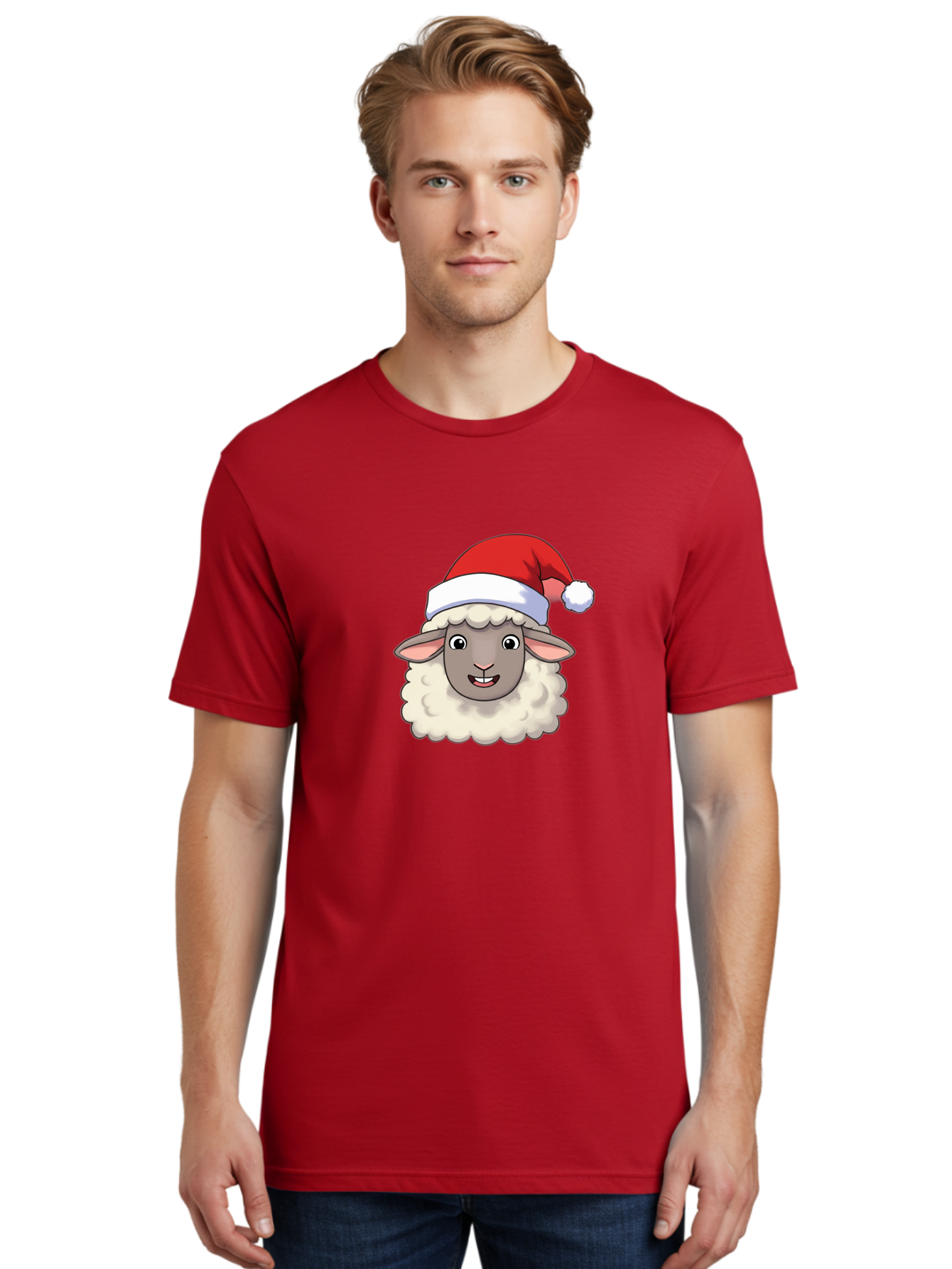 Sheep-In-Santa-Hat Men'S Graphic Tee, 100% Cotton, Comfortable Casual Summer Wear, Machine Washable, Cartoon Sheep, Santa Hat, Festive Character, Holiday Cheer, Cute Animal, Fluffy Sheep, Christmas Theme, Fun Design, Playful Illustration, Bad550 24