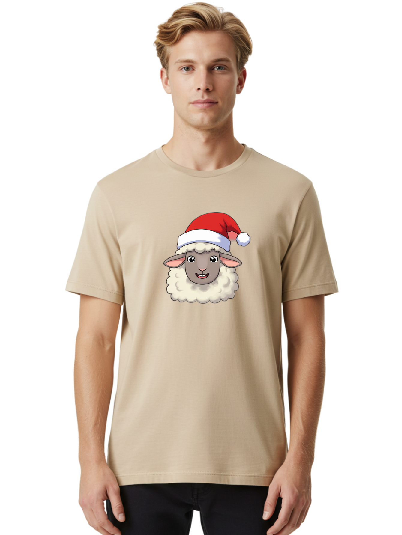 Sheep-In-Santa-Hat Men'S Graphic Tee, 100% Cotton, Comfortable Casual Summer Wear, Machine Washable, Cartoon Sheep, Santa Hat, Festive Character, Holiday Cheer, Cute Animal, Fluffy Sheep, Christmas Theme, Fun Design, Playful Illustration, Bad550 22
