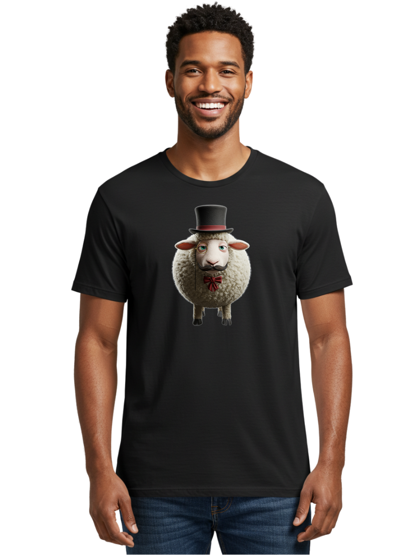 Sheep-In-Top-Hat-1 Men'S Graphic Tee, 100% Cotton, Comfortable Casual Summer Wear, Machine Washable, Sheep In A Top Hat, Cartoon Character, Funny Animal, Red Bow Tie, Black Mustache, Fluffy Sheep, Humorous Illustration, Whimsical Design, Bad552 16
