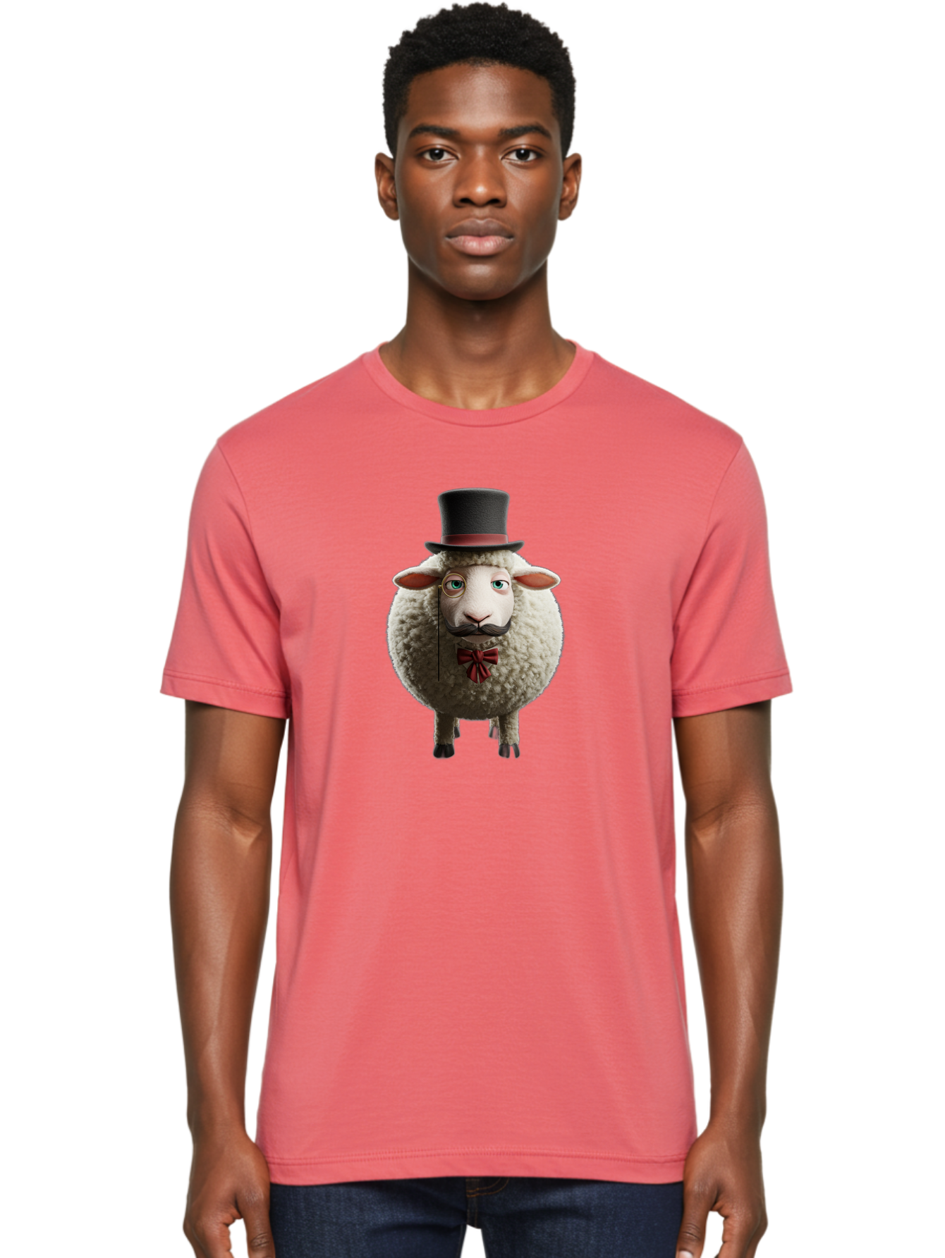 Sheep-In-Top-Hat-1 Men'S Graphic Tee, 100% Cotton, Comfortable Casual Summer Wear, Machine Washable, Sheep In A Top Hat, Cartoon Character, Funny Animal, Red Bow Tie, Black Mustache, Fluffy Sheep, Humorous Illustration, Whimsical Design, Bad552 25