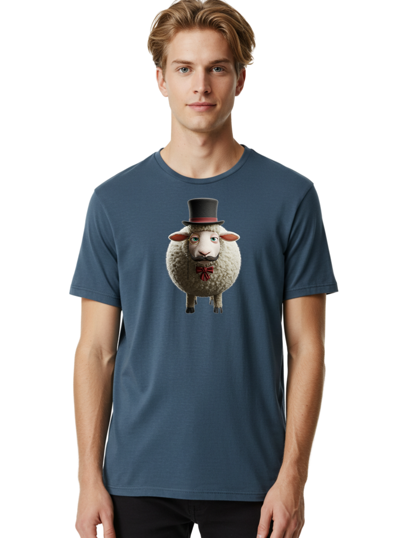 Sheep-In-Top-Hat-1 Men'S Graphic Tee, 100% Cotton, Comfortable Casual Summer Wear, Machine Washable, Sheep In A Top Hat, Cartoon Character, Funny Animal, Red Bow Tie, Black Mustache, Fluffy Sheep, Humorous Illustration, Whimsical Design, Bad552 20
