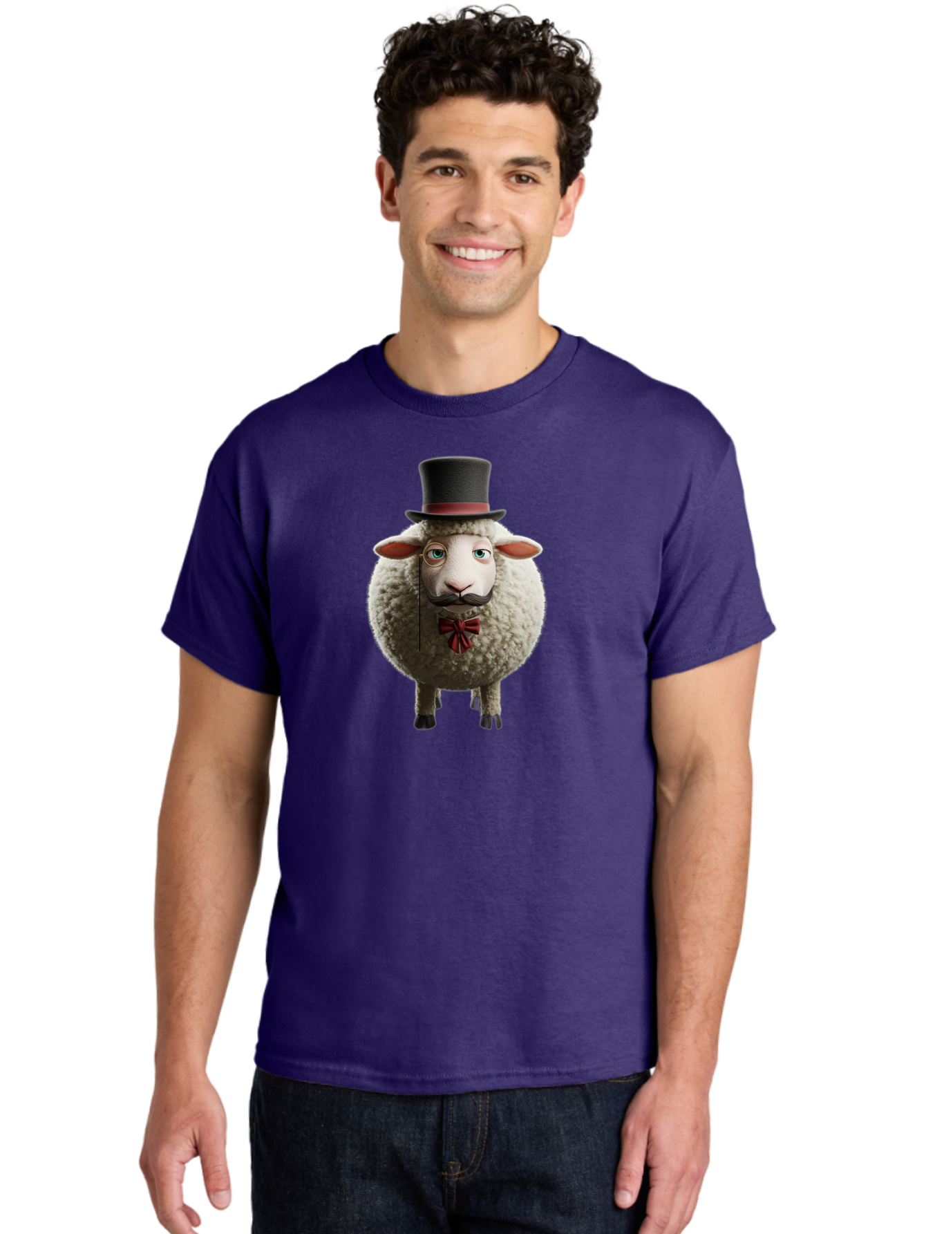 Sheep-In-Top-Hat-1 Men'S Graphic Tee, 100% Cotton, Comfortable Casual Summer Wear, Machine Washable, Sheep In A Top Hat, Cartoon Character, Funny Animal, Red Bow Tie, Black Mustache, Fluffy Sheep, Humorous Illustration, Whimsical Design, Bad552 22