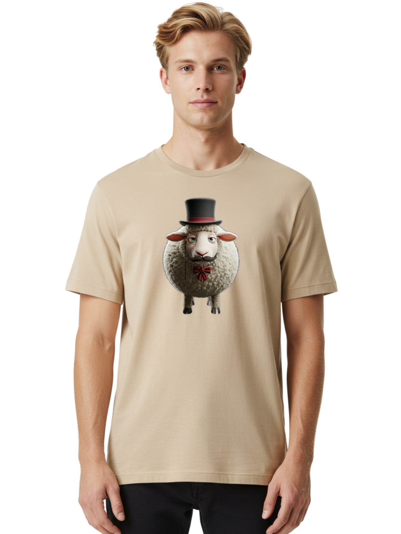 Sheep-In-Top-Hat-1 Men'S Graphic Tee, 100% Cotton, Comfortable Casual Summer Wear, Machine Washable, Sheep In A Top Hat, Cartoon Character, Funny Animal, Red Bow Tie, Black Mustache, Fluffy Sheep, Humorous Illustration, Whimsical Design, Bad552 23