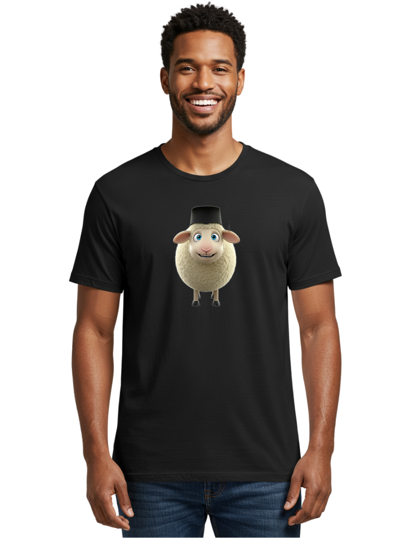 Sheep-In-Top-Hat Men'S Graphic Tee, 100% Cotton, Comfortable Casual Summer Wear, Machine Washable, Cartoon Sheep, White Sheep, Fluffy Sheep, Funny Character, Animated Animal, Lovable Sheep, Sheep Character, Blue Eyes, Black Hat Bad553 25