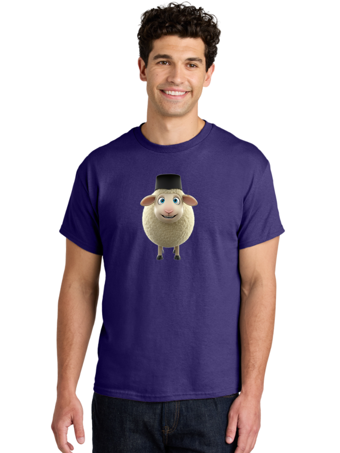 Sheep-In-Top-Hat Men'S Graphic Tee, 100% Cotton, Comfortable Casual Summer Wear, Machine Washable, Cartoon Sheep, White Sheep, Fluffy Sheep, Funny Character, Animated Animal, Lovable Sheep, Sheep Character, Blue Eyes, Black Hat Bad553 23