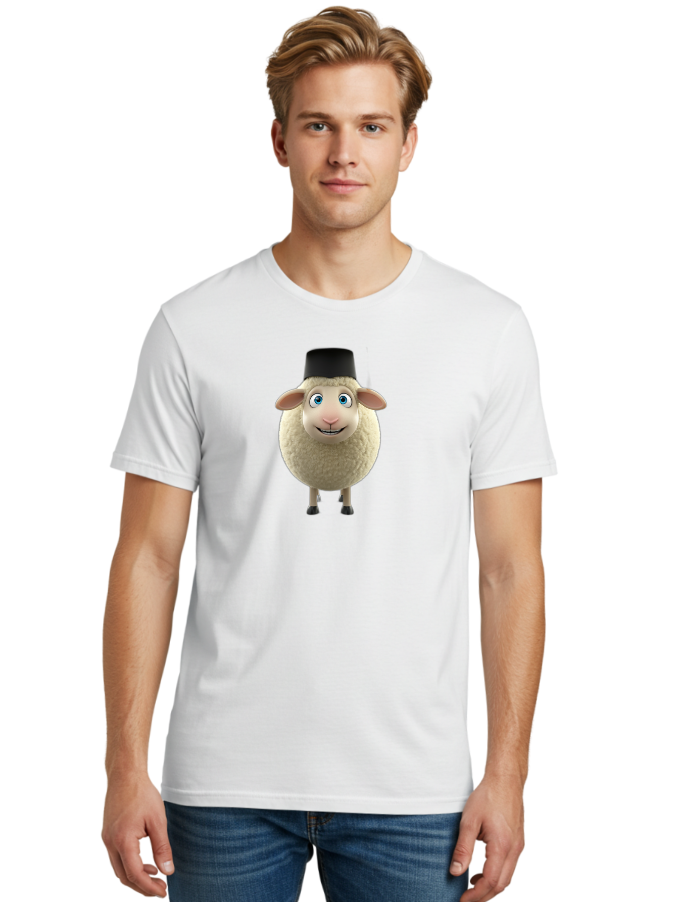 Sheep-In-Top-Hat Men'S Graphic Tee, 100% Cotton, Comfortable Casual Summer Wear, Machine Washable, Cartoon Sheep, White Sheep, Fluffy Sheep, Funny Character, Animated Animal, Lovable Sheep, Sheep Character, Blue Eyes, Black Hat Bad553 21