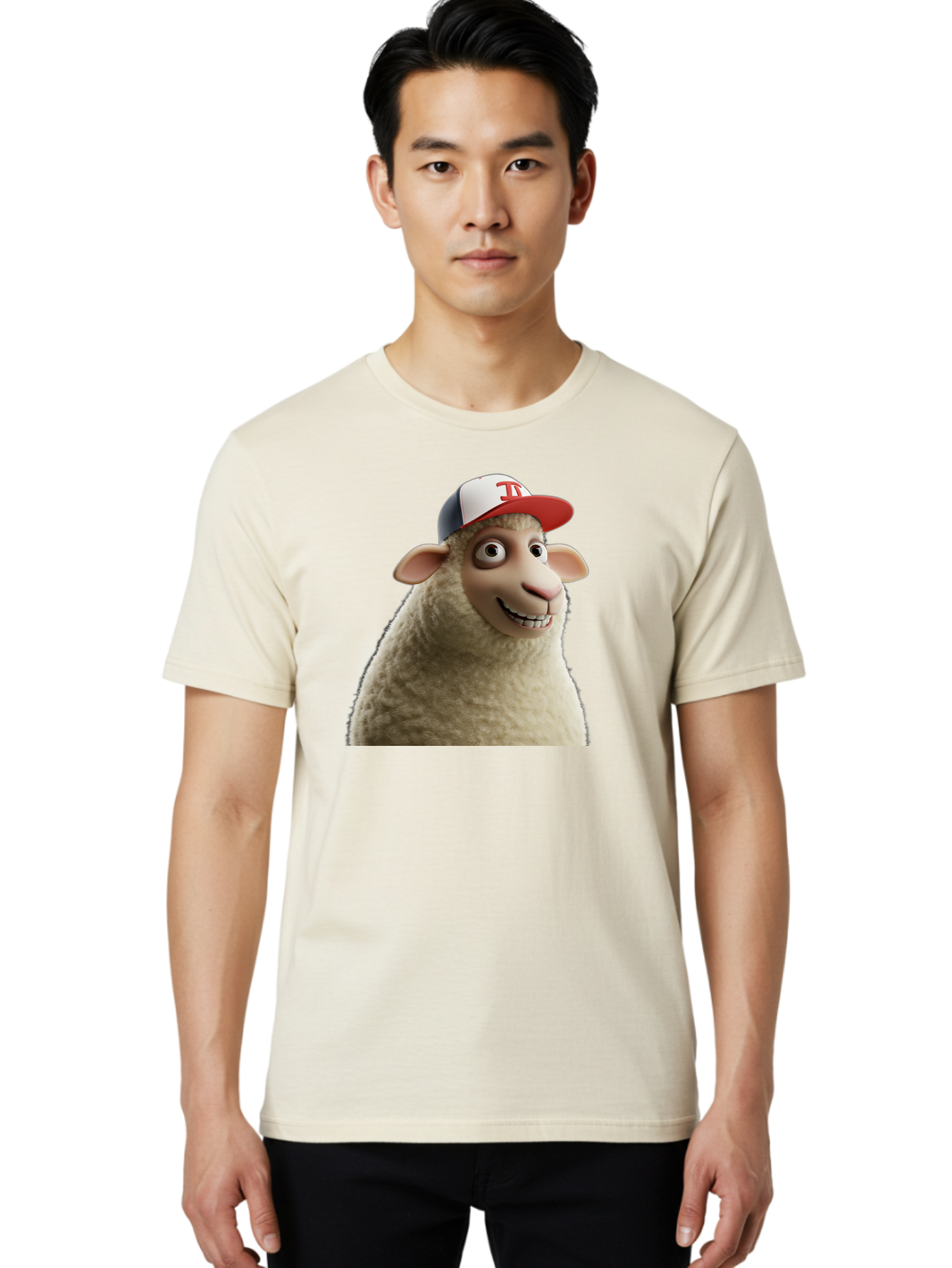 Sheep-Wearing-Baseball-Cap Men'S Graphic Tee, 100% Cotton, Comfortable Casual Summer Wear, Machine Washable, Cartoon Sheep, Sheep Character, Funny Animal, Comedic Cartoon, Baseball Cap, Animated Animal, Humorous Character, White Sheep, Tj Logo Bad558 20