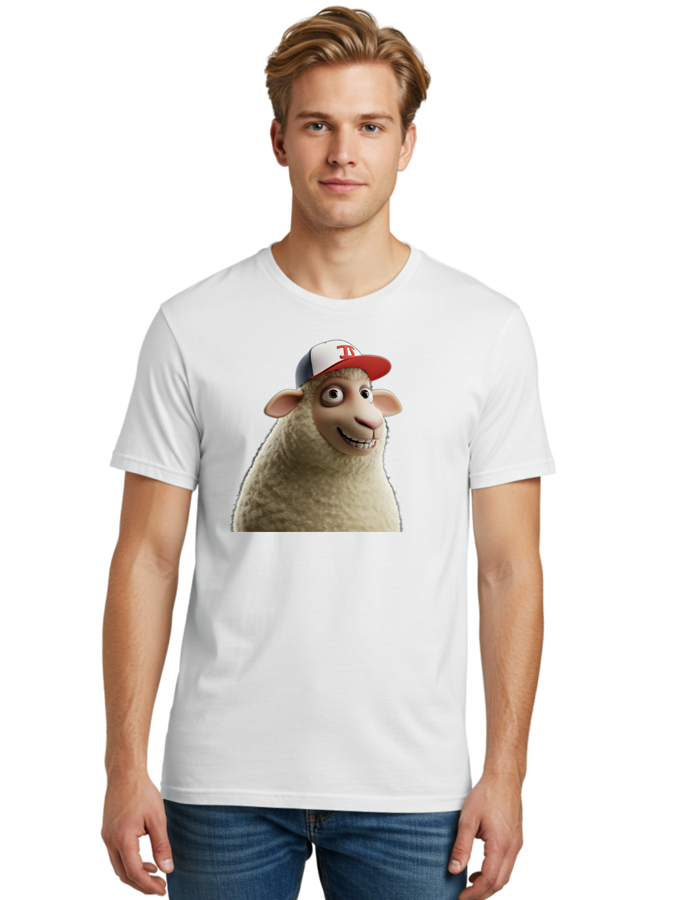 Sheep-Wearing-Baseball-Cap Men'S Graphic Tee, 100% Cotton, Comfortable Casual Summer Wear, Machine Washable, Cartoon Sheep, Sheep Character, Funny Animal, Comedic Cartoon, Baseball Cap, Animated Animal, Humorous Character, White Sheep, Tj Logo Bad558 18