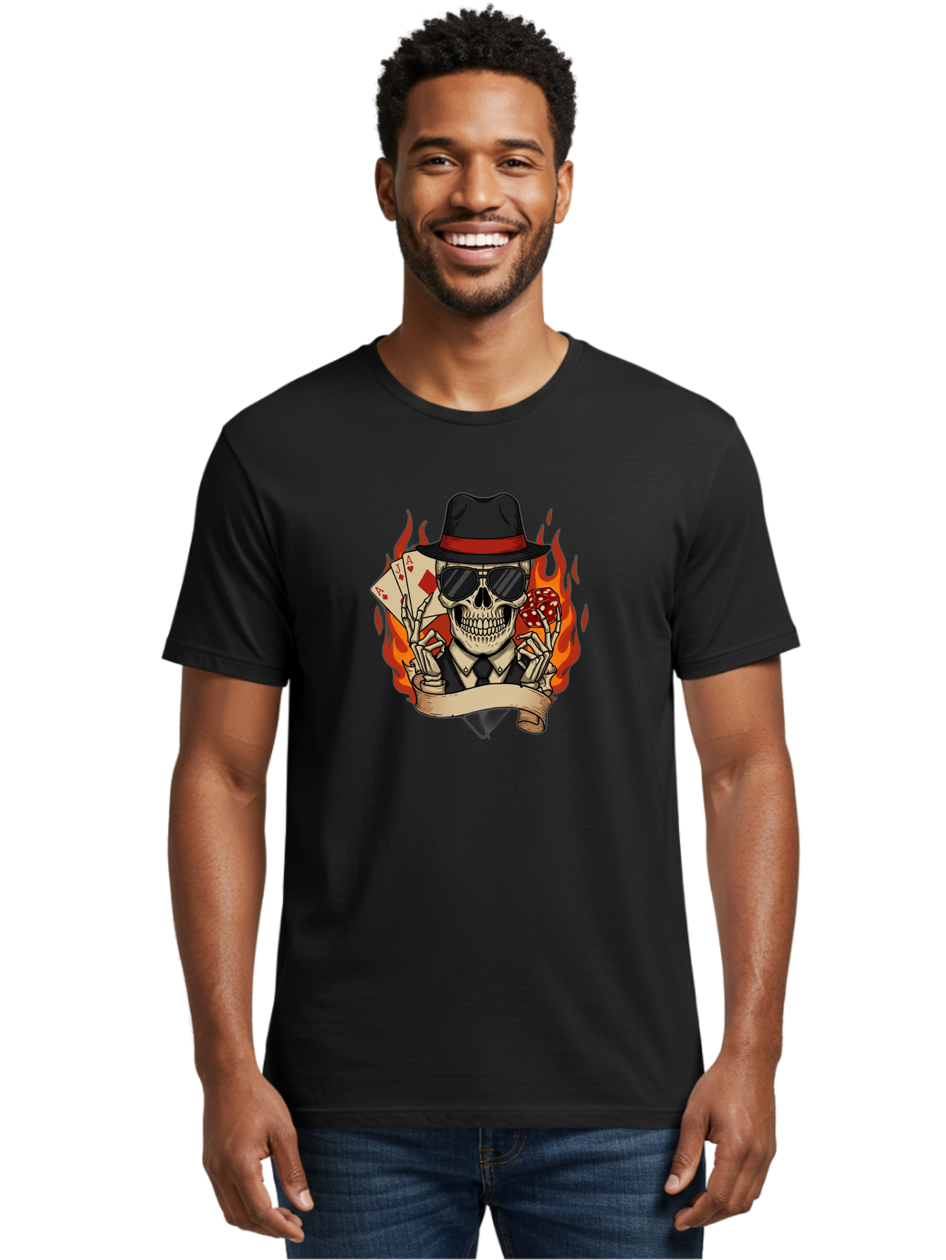 Skeleton-Card-Player Men'S Graphic Tee, 100% Cotton, Comfortable Casual Summer Wear, Machine Washable, Skeleton In Suit And Hat, Playing Cards, Sunglasses, Skull, Poker Face, Flames, Banner, Red Mushroom, Gambler, Red Diamonds Bad569 27