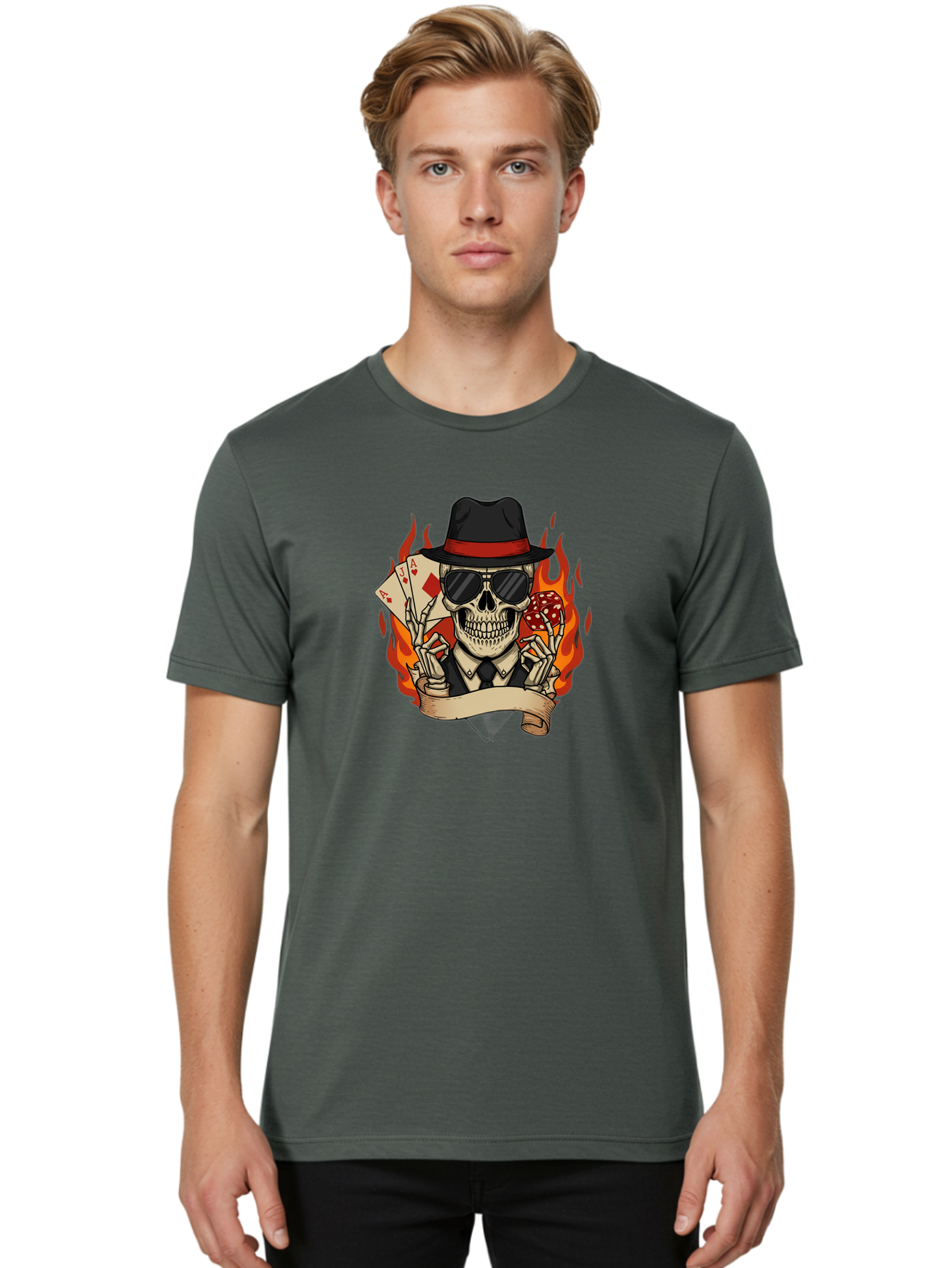 Skeleton-Card-Player Men'S Graphic Tee, 100% Cotton, Comfortable Casual Summer Wear, Machine Washable, Skeleton In Suit And Hat, Playing Cards, Sunglasses, Skull, Poker Face, Flames, Banner, Red Mushroom, Gambler, Red Diamonds Bad569 29