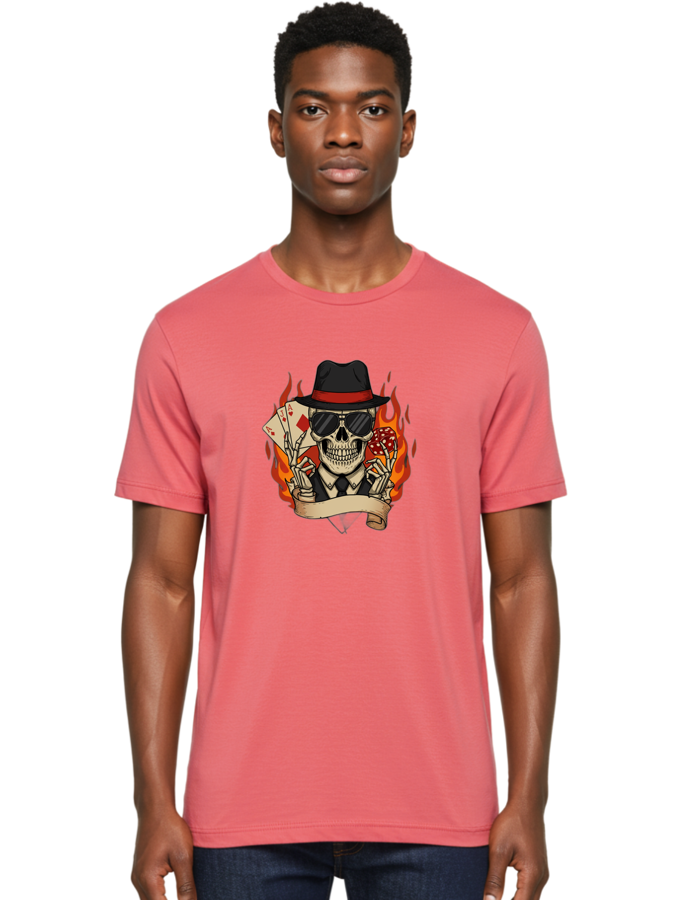 Skeleton-Card-Player Men'S Graphic Tee, 100% Cotton, Comfortable Casual Summer Wear, Machine Washable, Skeleton In Suit And Hat, Playing Cards, Sunglasses, Skull, Poker Face, Flames, Banner, Red Mushroom, Gambler, Red Diamonds Bad569 23