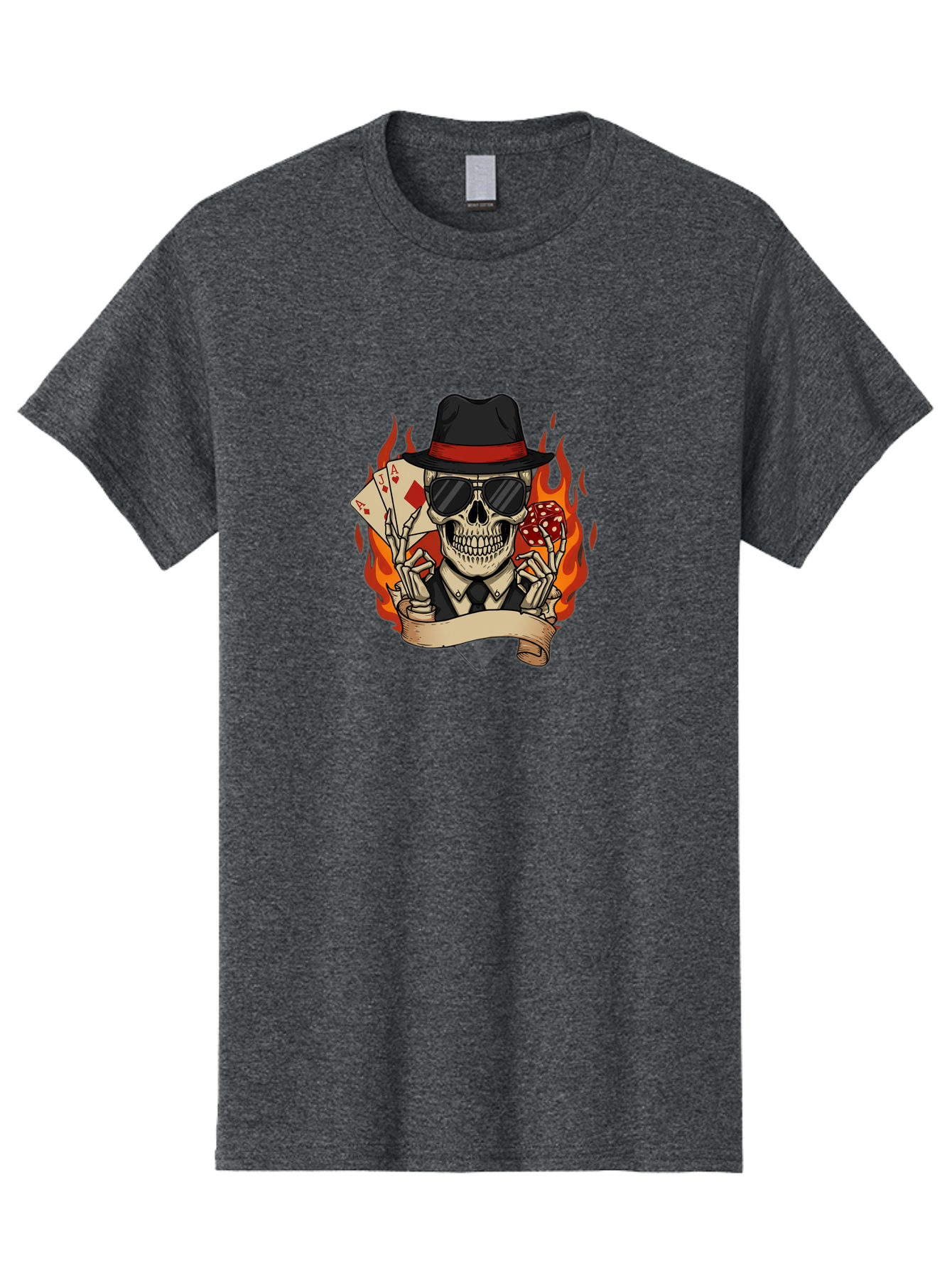 Skeleton-Card-Player Men'S Graphic Tee, 100% Cotton, Comfortable Casual Summer Wear, Machine Washable, Skeleton In Suit And Hat, Playing Cards, Sunglasses, Skull, Poker Face, Flames, Banner, Red Mushroom, Gambler, Red Diamonds Bad569 1