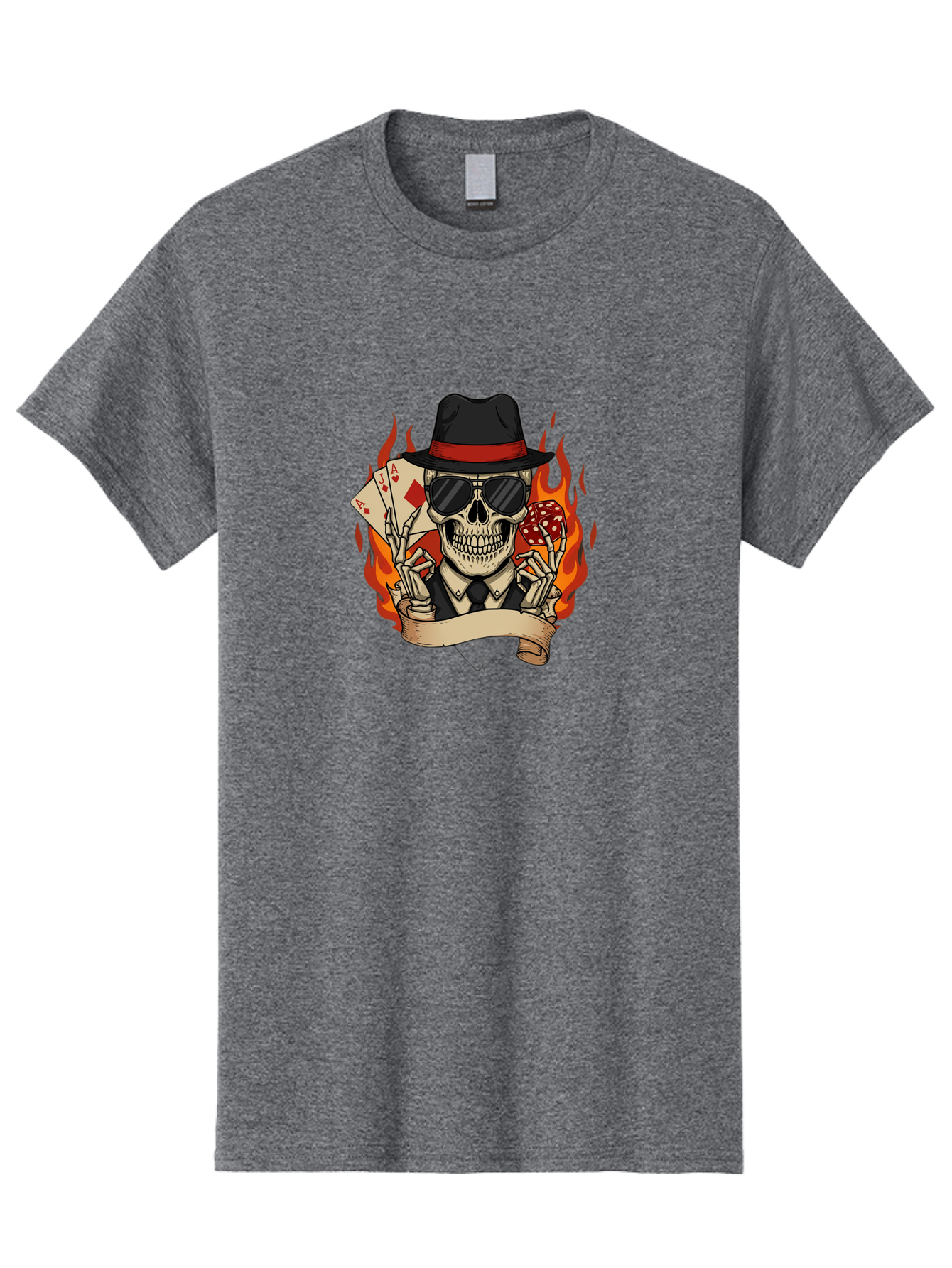 Skeleton-Card-Player Men'S Graphic Tee, 100% Cotton, Comfortable Casual Summer Wear, Machine Washable, Skeleton In Suit And Hat, Playing Cards, Sunglasses, Skull, Poker Face, Flames, Banner, Red Mushroom, Gambler, Red Diamonds Bad569 5