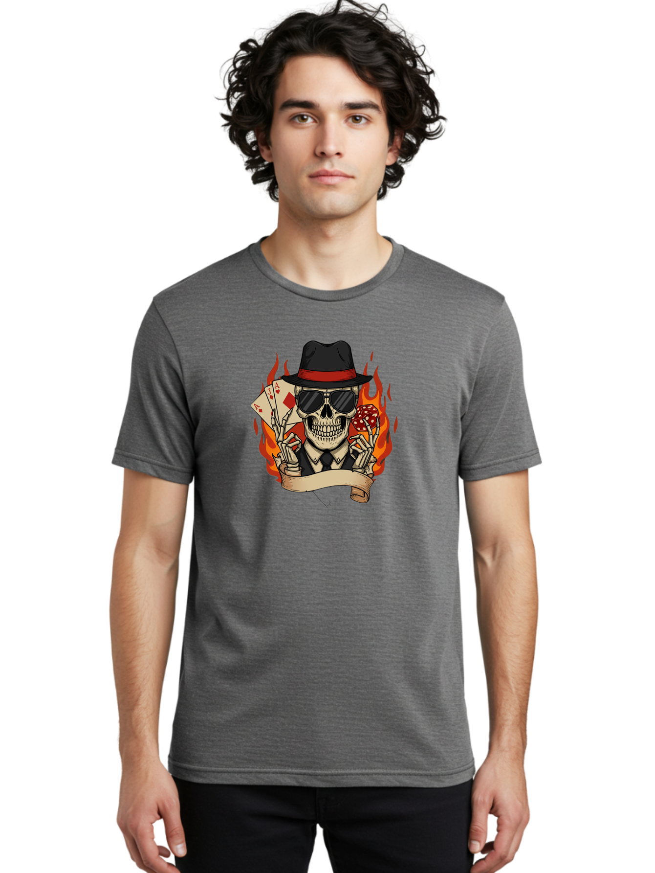 Skeleton-Card-Player Men'S Graphic Tee, 100% Cotton, Comfortable Casual Summer Wear, Machine Washable, Skeleton In Suit And Hat, Playing Cards, Sunglasses, Skull, Poker Face, Flames, Banner, Red Mushroom, Gambler, Red Diamonds Bad569 20