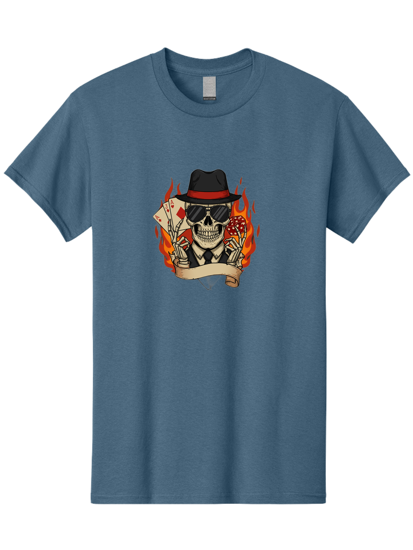 Skeleton-Card-Player Men'S Graphic Tee, 100% Cotton, Comfortable Casual Summer Wear, Machine Washable, Skeleton In Suit And Hat, Playing Cards, Sunglasses, Skull, Poker Face, Flames, Banner, Red Mushroom, Gambler, Red Diamonds Bad569 9