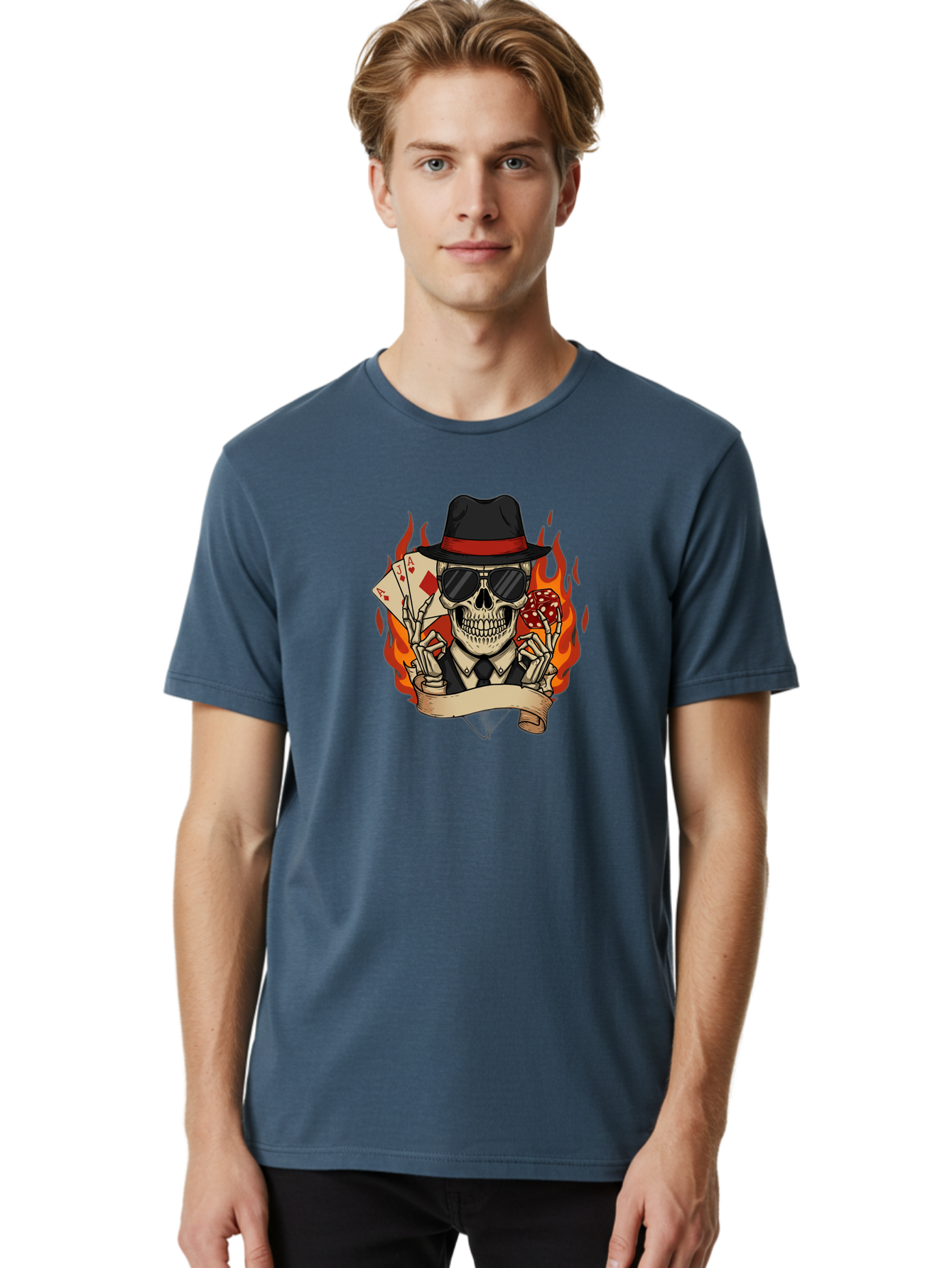 Skeleton-Card-Player Men'S Graphic Tee, 100% Cotton, Comfortable Casual Summer Wear, Machine Washable, Skeleton In Suit And Hat, Playing Cards, Sunglasses, Skull, Poker Face, Flames, Banner, Red Mushroom, Gambler, Red Diamonds Bad569 24