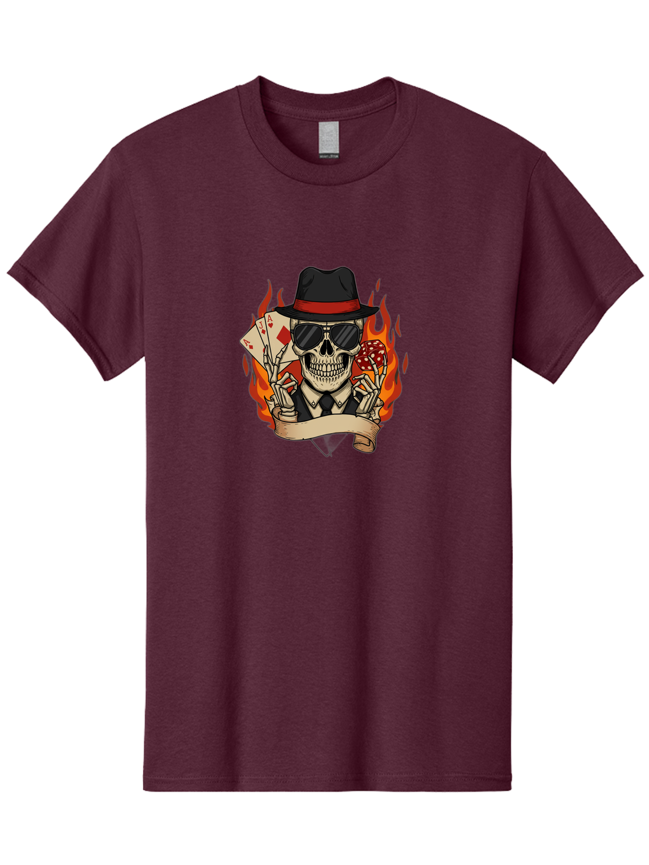 Skeleton-Card-Player Men'S Graphic Tee, 100% Cotton, Comfortable Casual Summer Wear, Machine Washable, Skeleton In Suit And Hat, Playing Cards, Sunglasses, Skull, Poker Face, Flames, Banner, Red Mushroom, Gambler, Red Diamonds Bad569 15