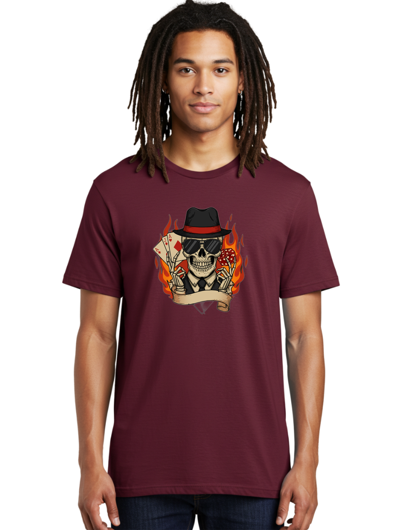 Skeleton-Card-Player Men'S Graphic Tee, 100% Cotton, Comfortable Casual Summer Wear, Machine Washable, Skeleton In Suit And Hat, Playing Cards, Sunglasses, Skull, Poker Face, Flames, Banner, Red Mushroom, Gambler, Red Diamonds Bad569 30