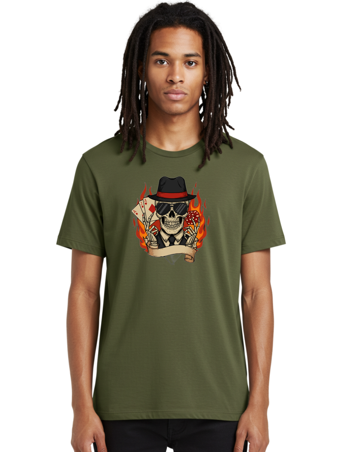 Skeleton-Card-Player Men'S Graphic Tee, 100% Cotton, Comfortable Casual Summer Wear, Machine Washable, Skeleton In Suit And Hat, Playing Cards, Sunglasses, Skull, Poker Face, Flames, Banner, Red Mushroom, Gambler, Red Diamonds Bad569 19