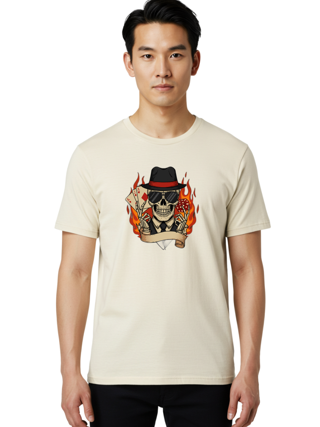 Skeleton-Card-Player Men'S Graphic Tee, 100% Cotton, Comfortable Casual Summer Wear, Machine Washable, Skeleton In Suit And Hat, Playing Cards, Sunglasses, Skull, Poker Face, Flames, Banner, Red Mushroom, Gambler, Red Diamonds Bad569 22