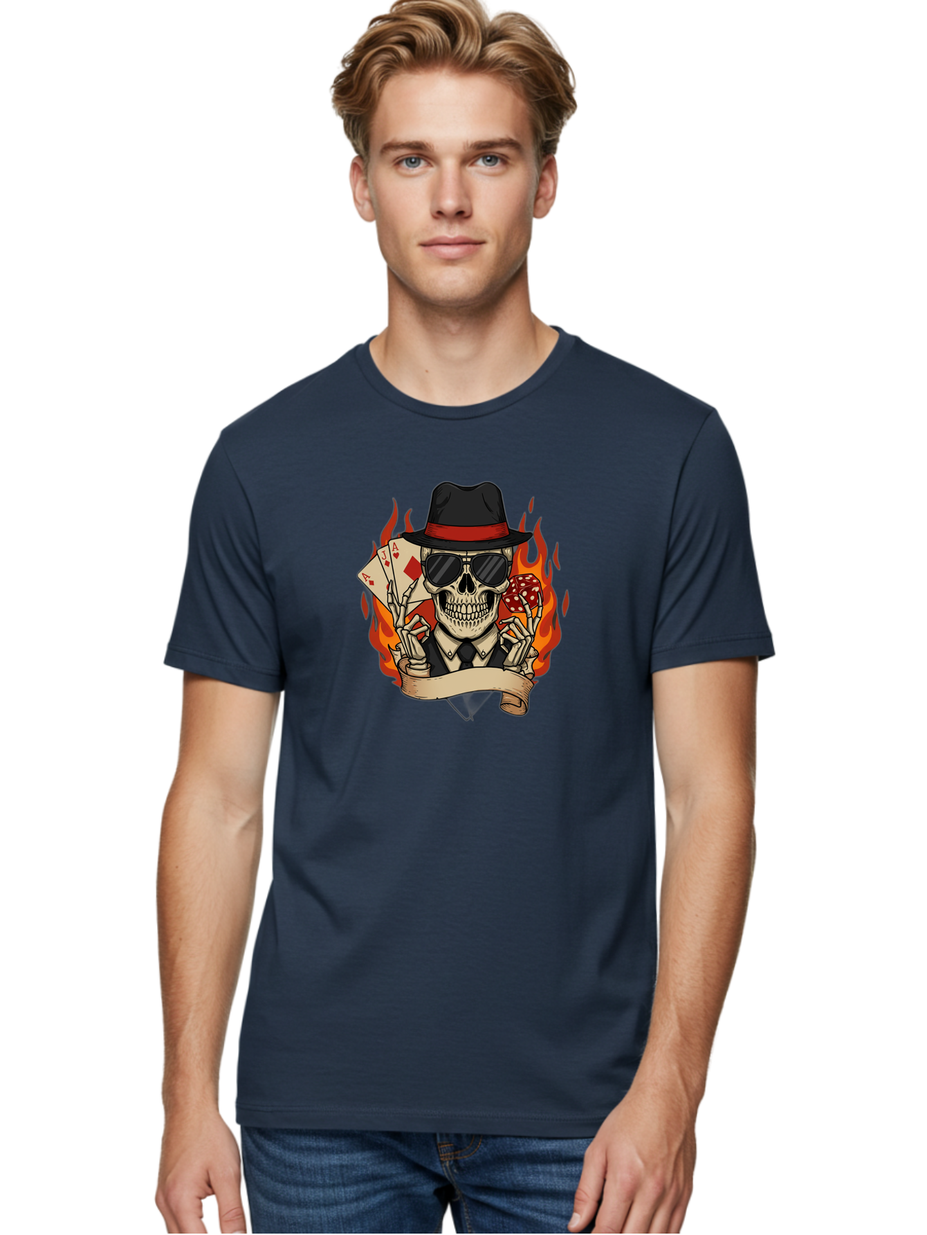 Skeleton-Card-Player Men'S Graphic Tee, 100% Cotton, Comfortable Casual Summer Wear, Machine Washable, Skeleton In Suit And Hat, Playing Cards, Sunglasses, Skull, Poker Face, Flames, Banner, Red Mushroom, Gambler, Red Diamonds Bad569 26