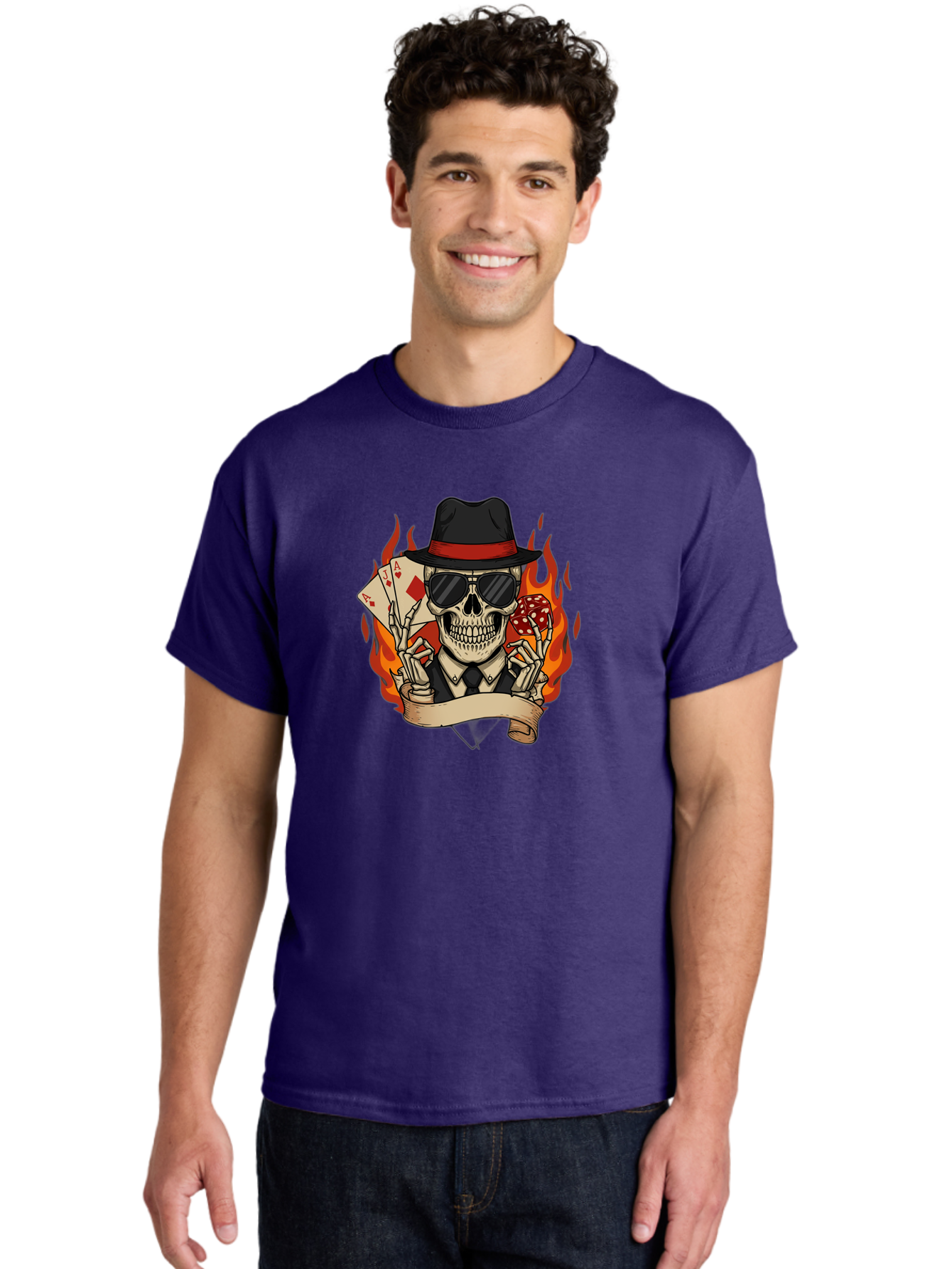 Skeleton-Card-Player Men'S Graphic Tee, 100% Cotton, Comfortable Casual Summer Wear, Machine Washable, Skeleton In Suit And Hat, Playing Cards, Sunglasses, Skull, Poker Face, Flames, Banner, Red Mushroom, Gambler, Red Diamonds Bad569 21
