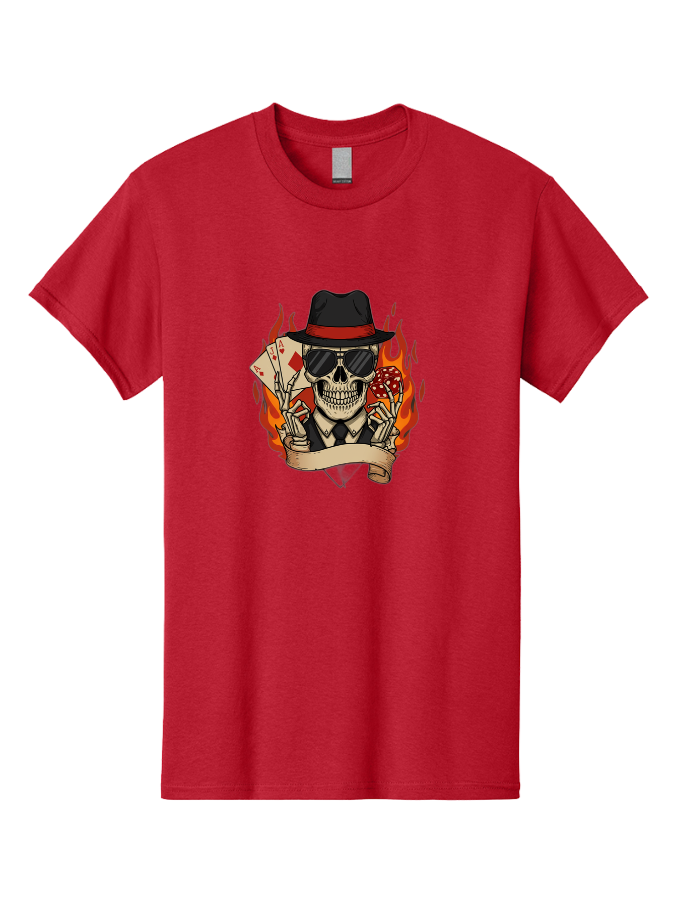 Skeleton-Card-Player Men'S Graphic Tee, 100% Cotton, Comfortable Casual Summer Wear, Machine Washable, Skeleton In Suit And Hat, Playing Cards, Sunglasses, Skull, Poker Face, Flames, Banner, Red Mushroom, Gambler, Red Diamonds Bad569 3