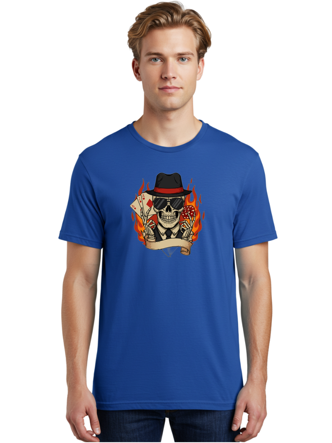 Skeleton-Card-Player Men'S Graphic Tee, 100% Cotton, Comfortable Casual Summer Wear, Machine Washable, Skeleton In Suit And Hat, Playing Cards, Sunglasses, Skull, Poker Face, Flames, Banner, Red Mushroom, Gambler, Red Diamonds Bad569 25
